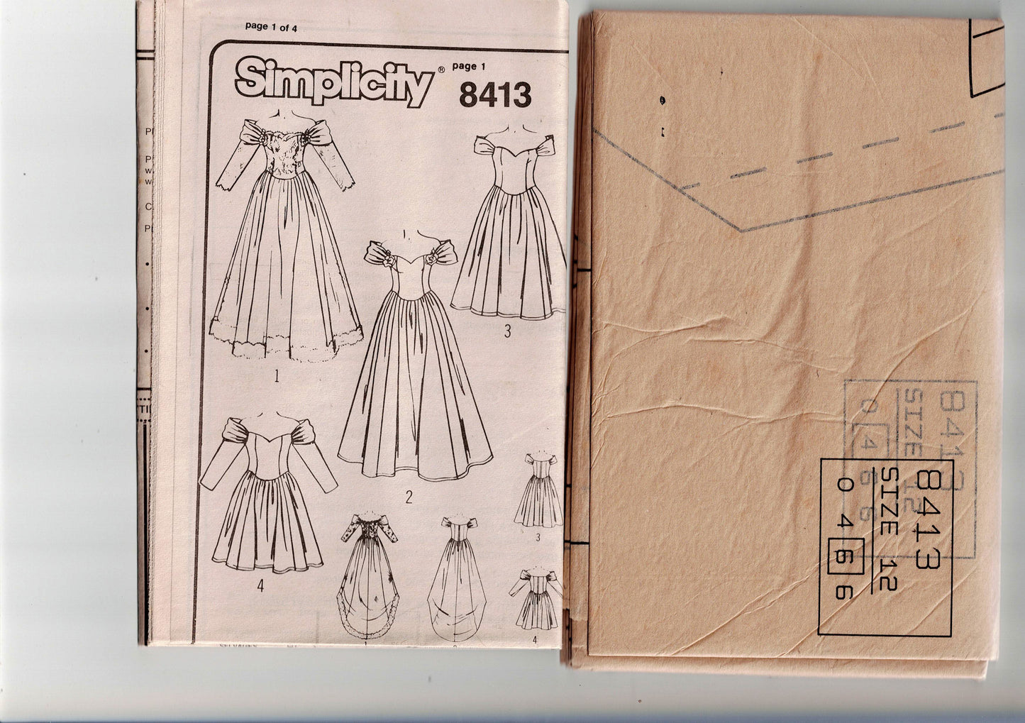 Patrón de costura vintage de los años 80 para vestido de dama de honor de boda con hombros descubiertos Simplicity 8413, talla 12 o 14