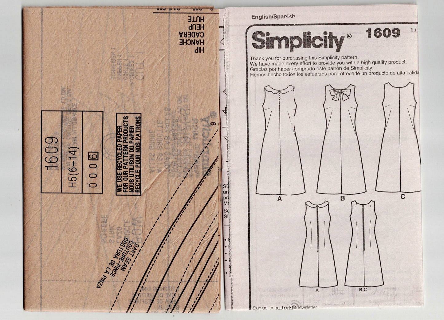 Patrón de vestido recto Simplicity 1609 para mujer, reeditado, de los años 60, talla 6 a 14, sin cortar, doblado de fábrica