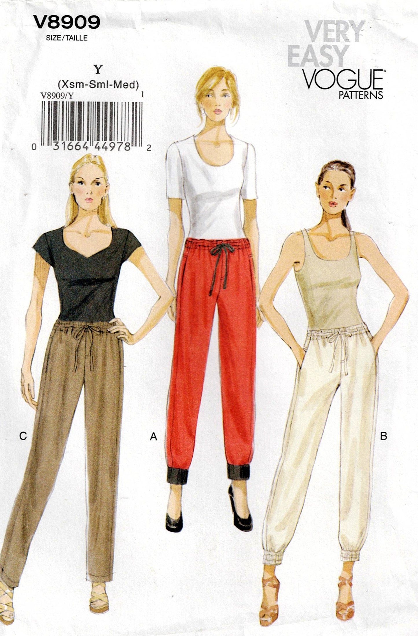 Vogue 8909 Womens Drawstring Waist Hipster Pants Out Of Print Sewing Pattern Size XS - M UNCUT Factory Folded