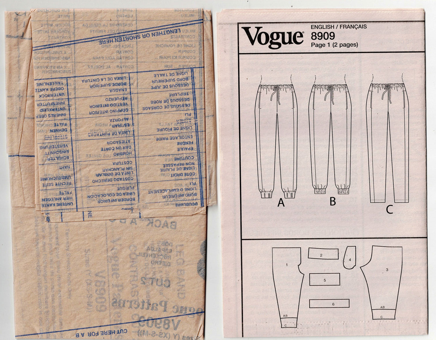 Vogue 8909 Womens Drawstring Waist Hipster Pants Out Of Print Sewing Pattern Size XS - M UNCUT Factory Folded