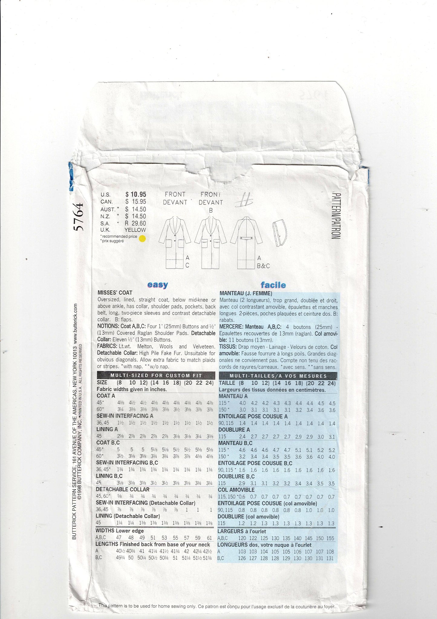 Butterick 9825 Womens Lined Overcoat with Optional Detachable Collar Out Of Print Sewing Pattern Size 8 - 12 UNCUT Factory Folded