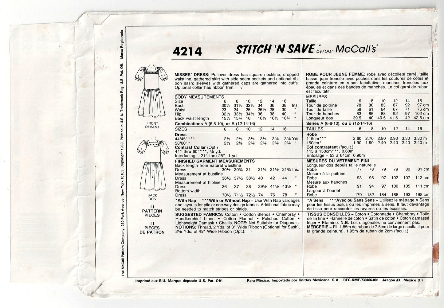 McCall's 4214 Womens EASY Drop Waisted Sailor Collar Sundress 1980s Vintage Sewing Pattern Size 12 - 16 UNCUT Factory Folded