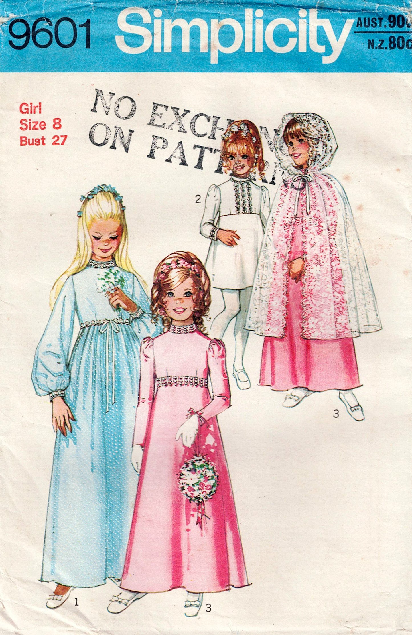 Vintage Simplicity 9601 sewing pattern for girls' dresses with three different designs.