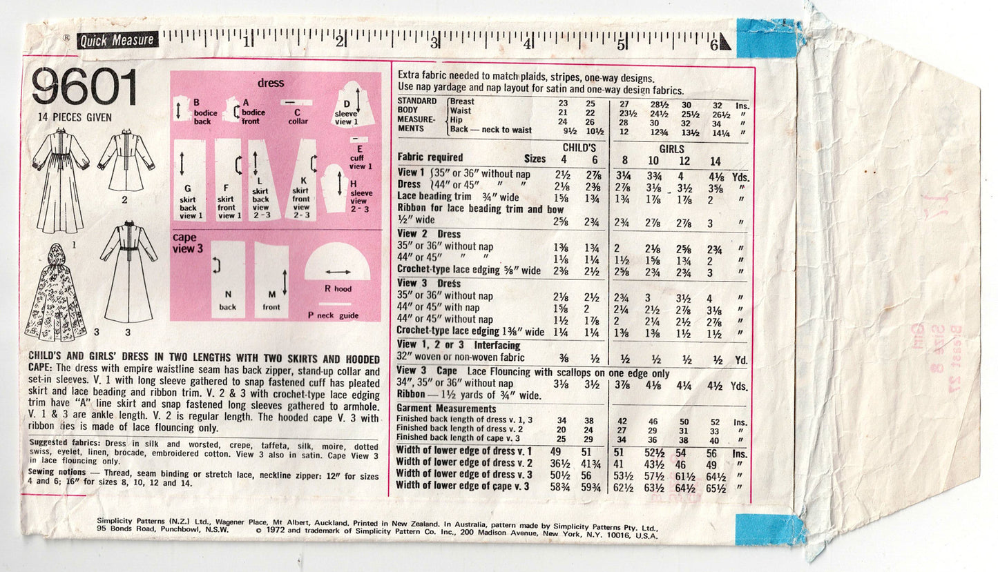 Simplicity 9601 Girls Evening Formal Bridesmaids Dress & Hooded Cape 1970s Vintage Sewing Pattern Size 8