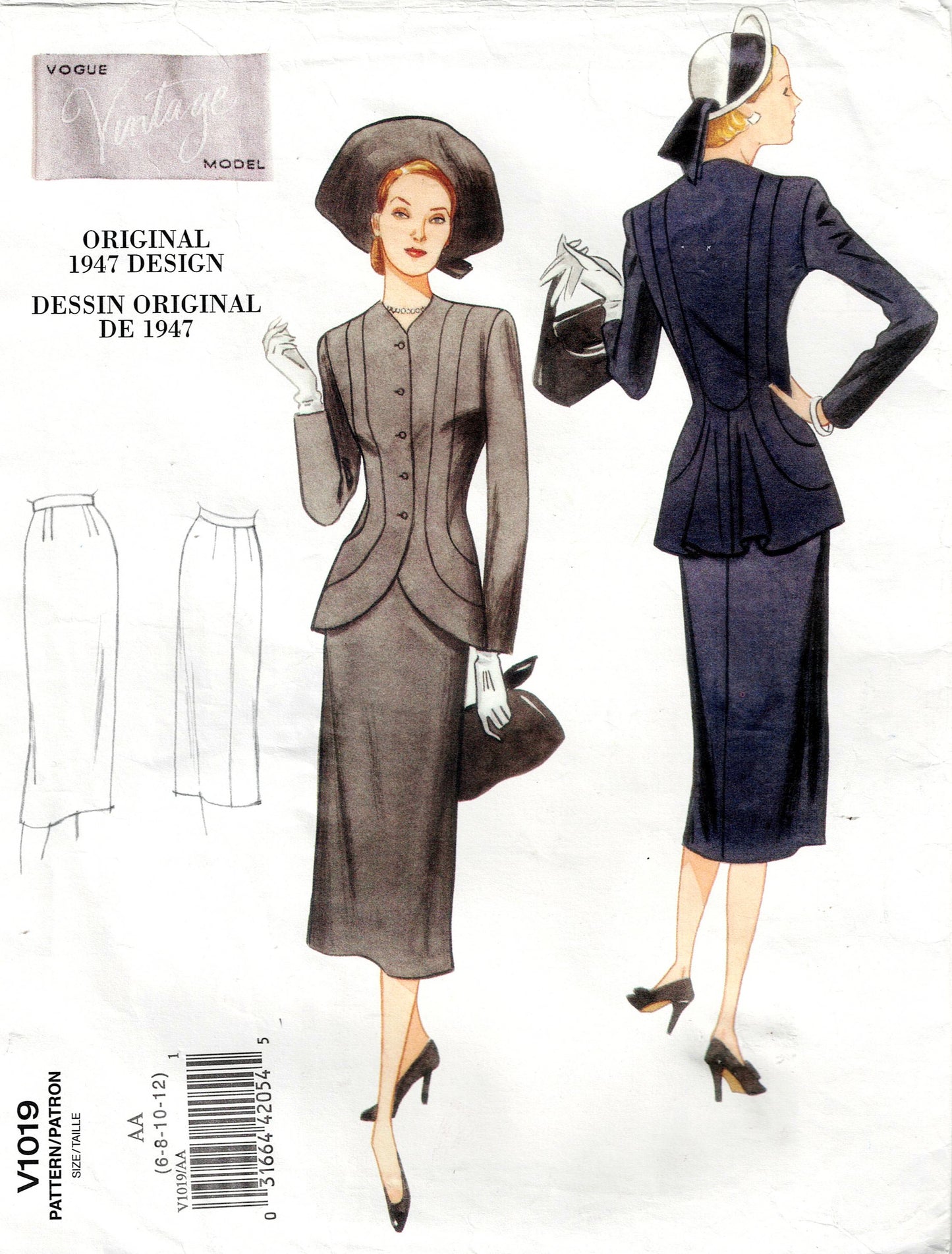 Vogue 1947 fashion design pattern with two women wearing suits and a hat.