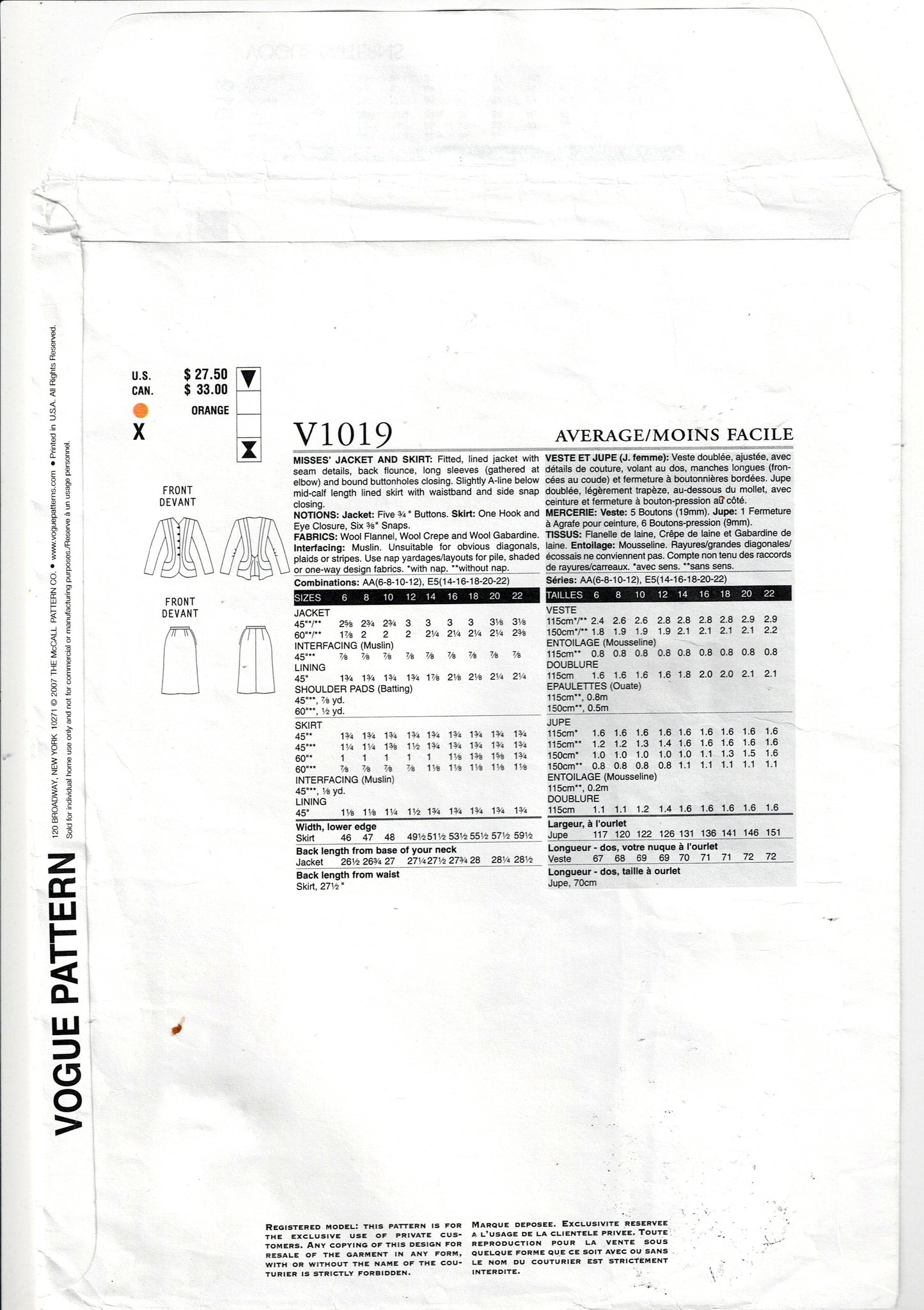 Vogue Vintage Model 1019 Womens Reissued 1940s Slim Panelled Skirt Suit Out Of Print Sewing Pattern Size 6 - 12 UNCUT Factory Folded