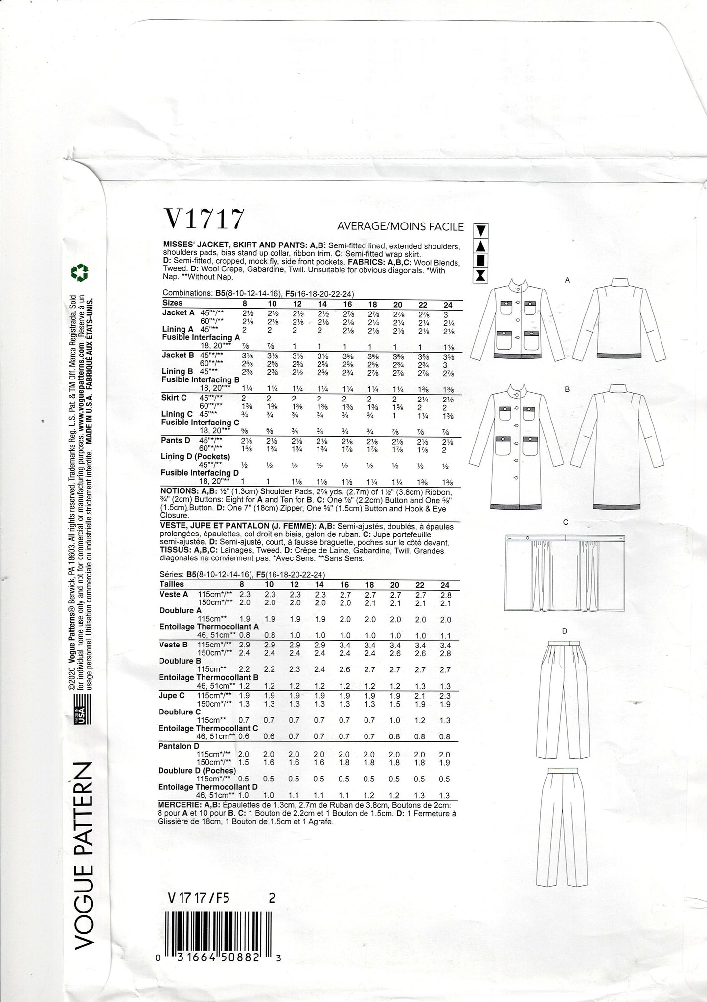 Vogue 1717 Womens Chanel Style Jackets Pants & Wrap Skirt Out Of Print Sewing Pattern Size 16 - 24 UNCUT Factory Folded