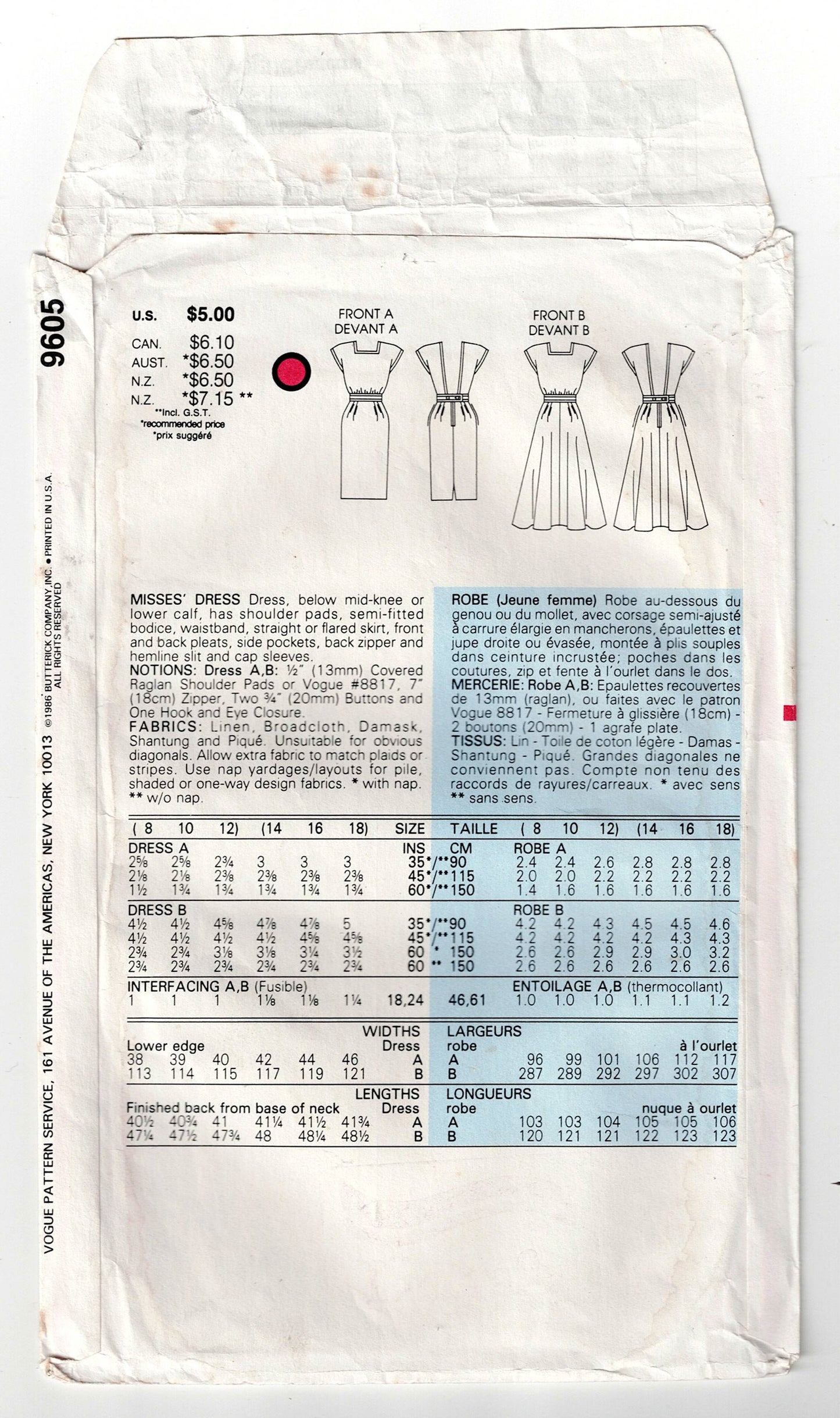 Patrón de costura muy fácil para vestido de noche o vestido tubo con escote cuadrado y espalda escotada para mujer Vogue 9605, estilo vintage de los años 80, talla 8 a 12