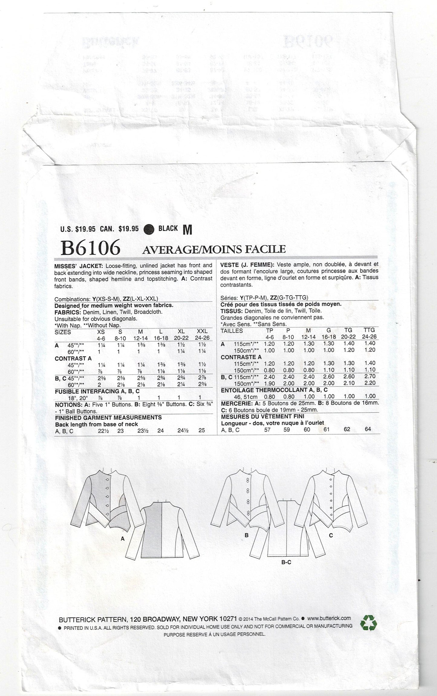 Butterick 6106 KATHERINE TILTON Womens Asymmetric Panelled Jacket Sewing Pattern Sizes L-XXL UNCUT Factory Folded