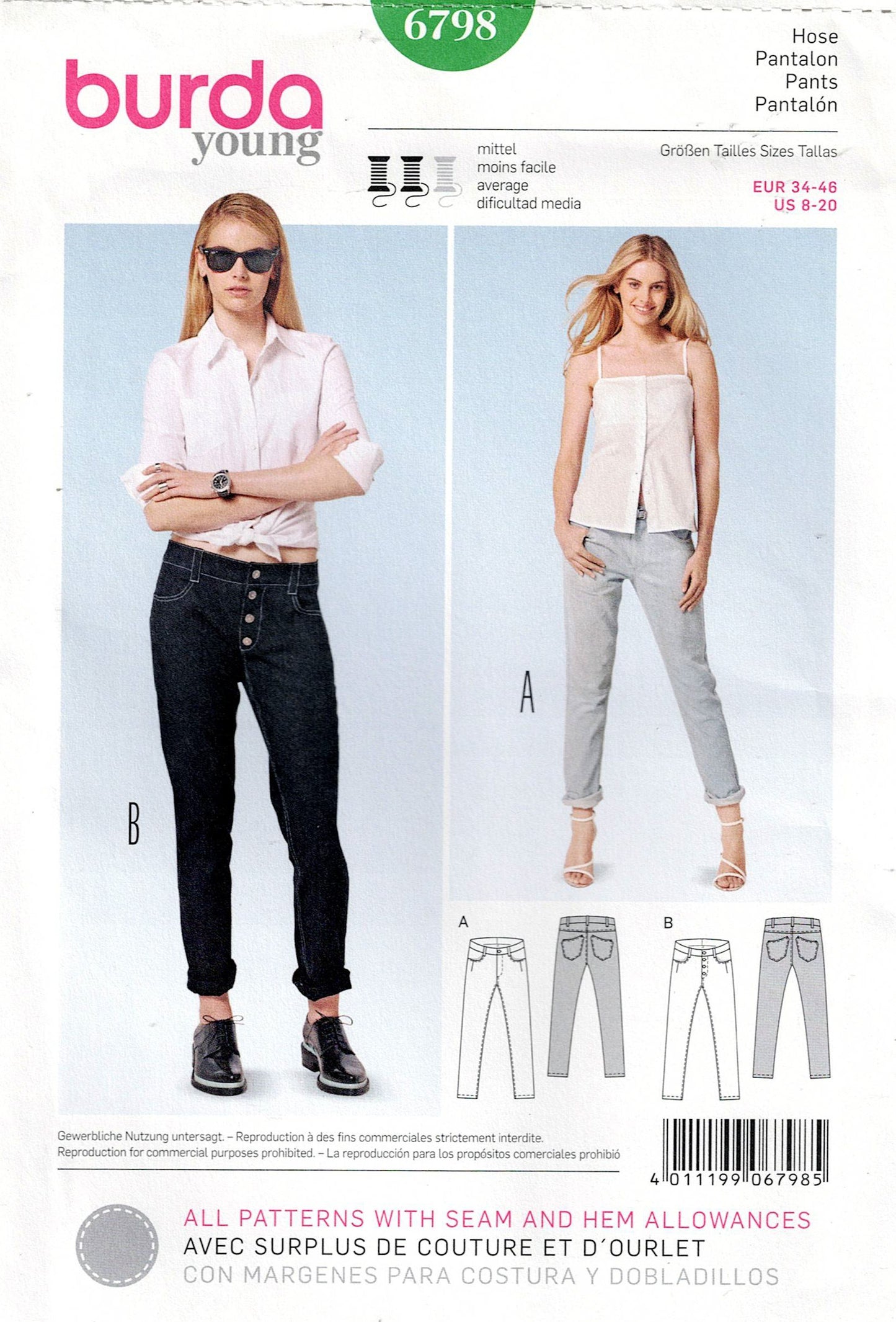 Burda Young 6798 sewing pattern leaflet for pants with two models wearing the garment.