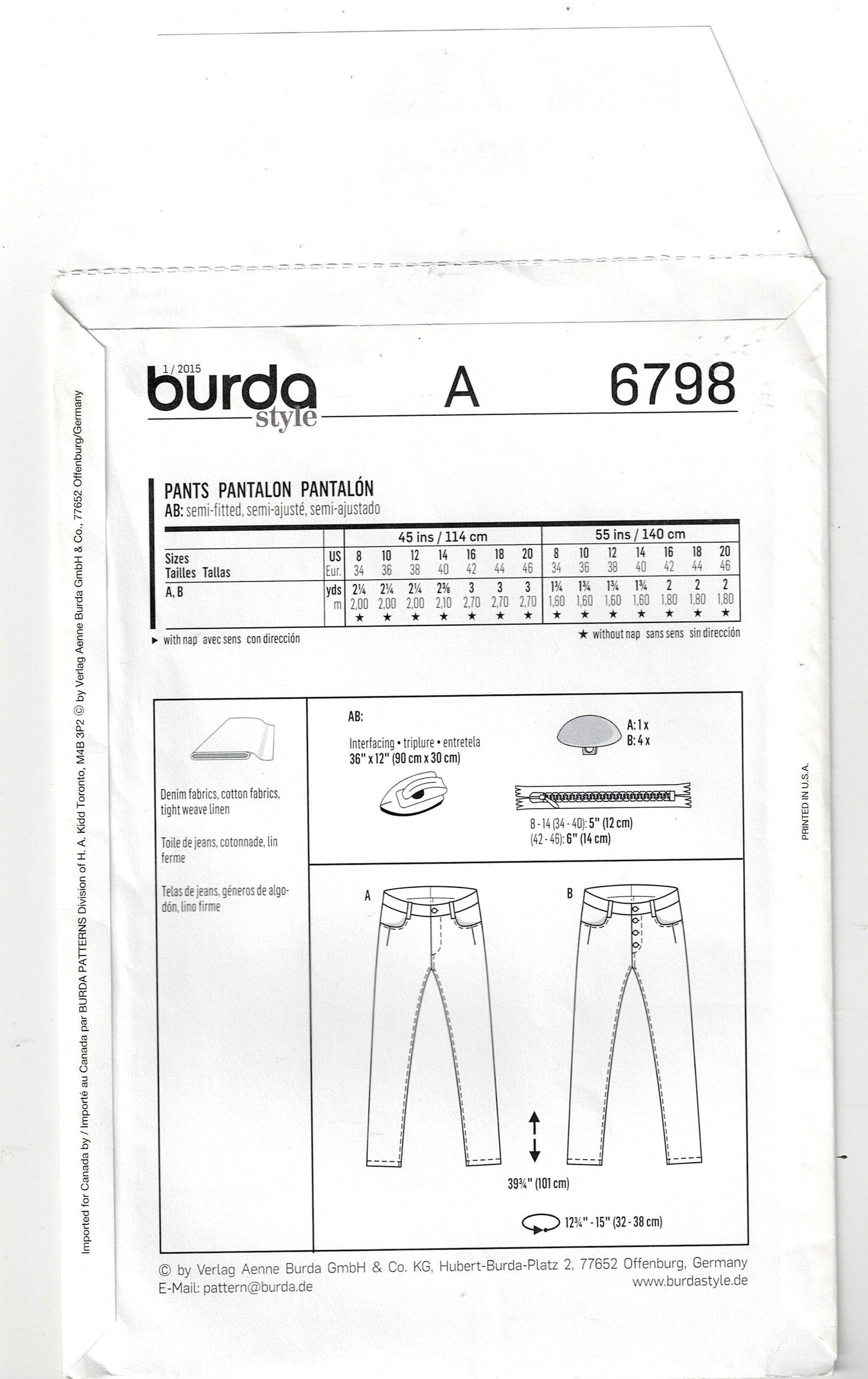 Burda Young 6798 Womens Hipster Jeans Out Of Print Sewing Pattern Sizes 8 - 20 UNCUT Factory Folded