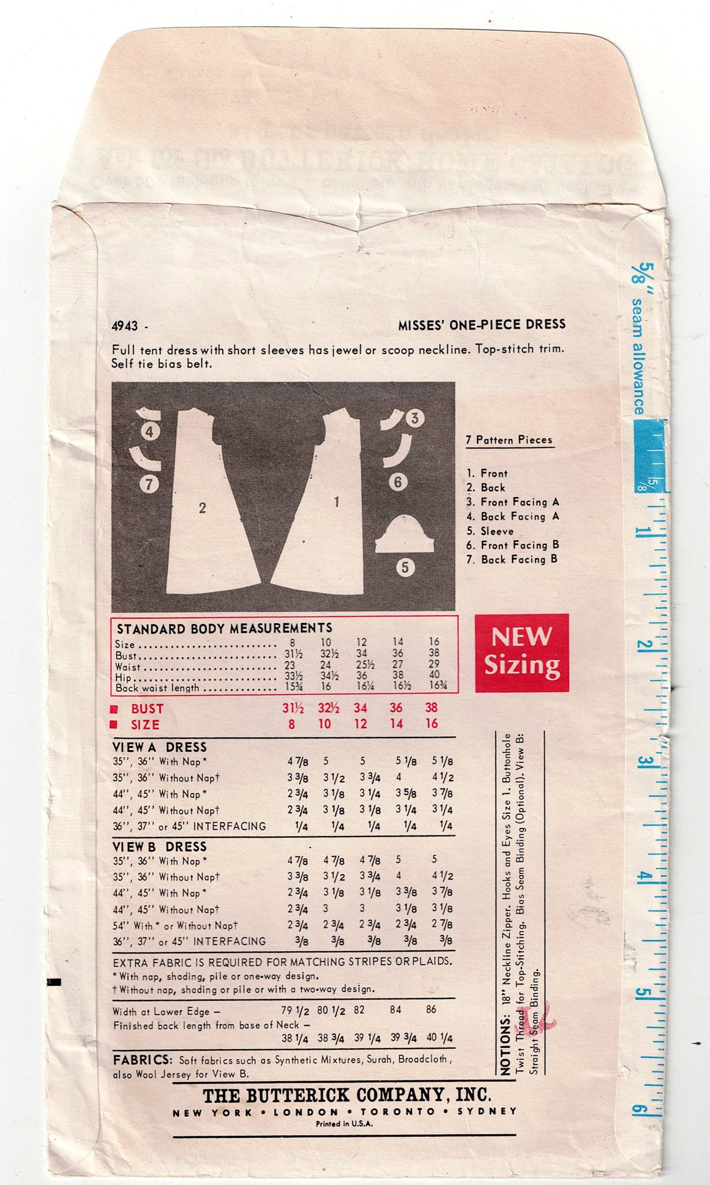 Butterick 4943 EASY Womens Waist Tied Tent Dress 1960s Vintage Sewing Pattern Size 8 Bust 31.5 inches