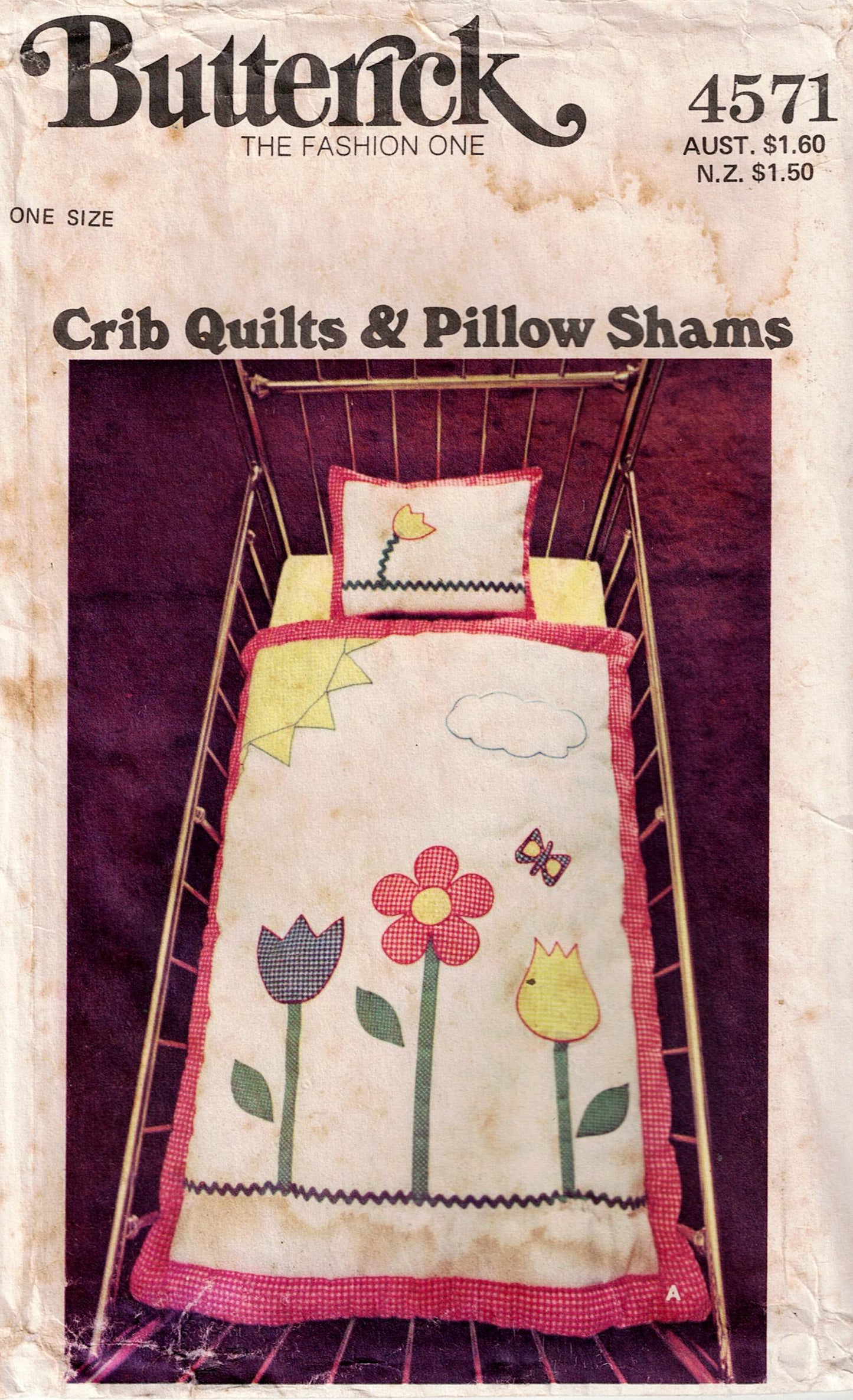 Butterick pattern 4571 for crib quilts and pillow shams with floral design on a purple background.