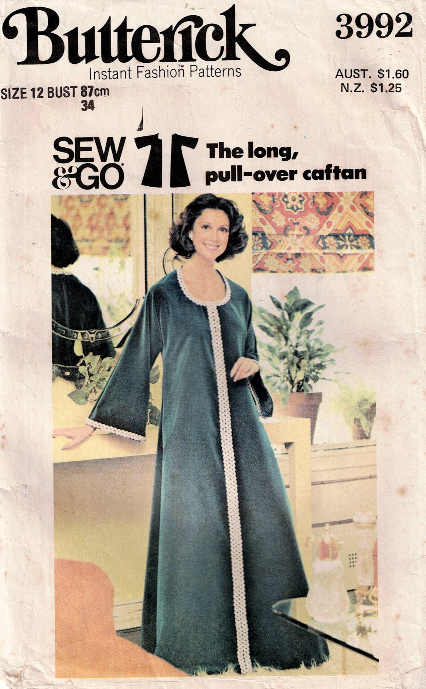 Butterick 3992 Womens EASY Pullover Evening Caftan 1970s Vintage Sewing Pattern Size 12 Bust 34 inches