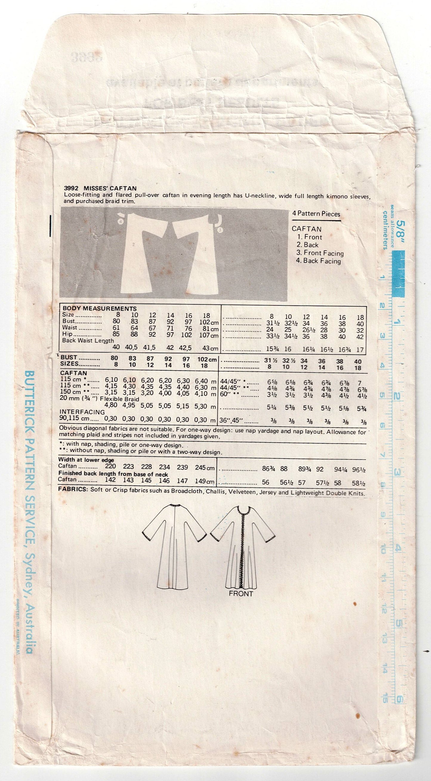 Butterick 3992 Womens EASY Pullover Evening Caftan 1970s Vintage Sewing Pattern Size 12 Bust 34 inches