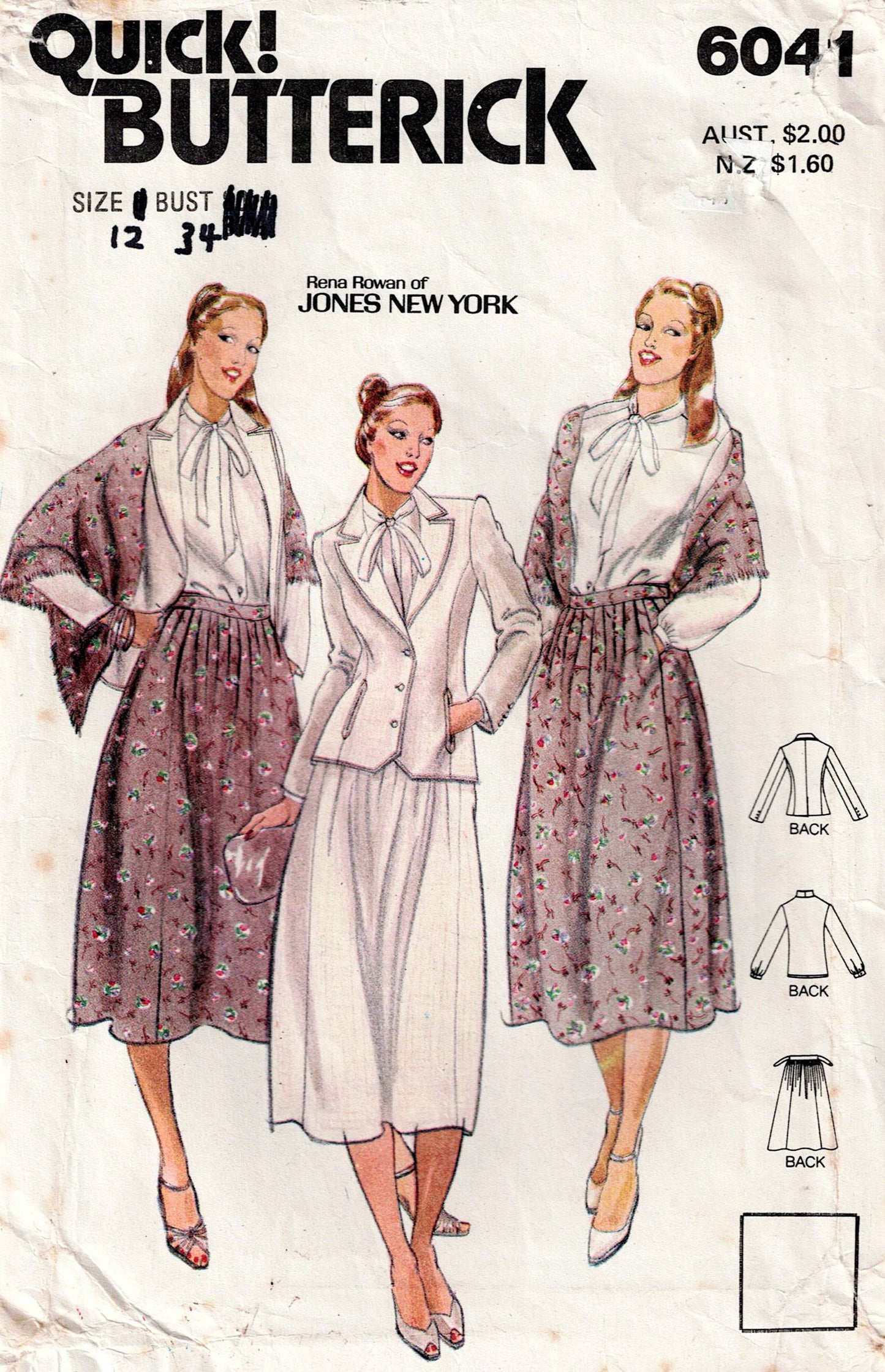 Butterick 6041 sewing pattern with three women modeling a dress and jacket set.