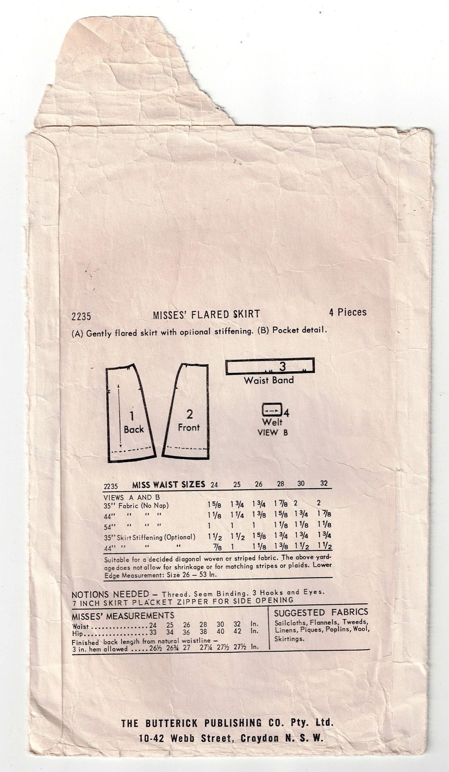 Butterick 2235 Womens EASY A Line Skirts 1960s Vintage Sewing Pattern Waist 28 Inches