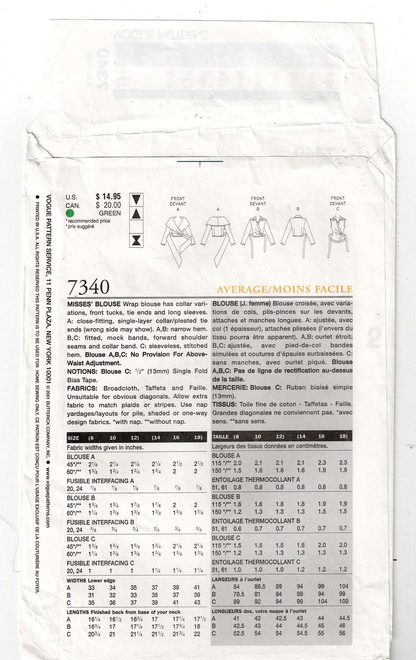 Vogue 7340 Womens Wrap Blouses with Optional Wide Evening Collar Out Of Print Sewing Pattern Size 14 - 18 UNCUT Factory Folded