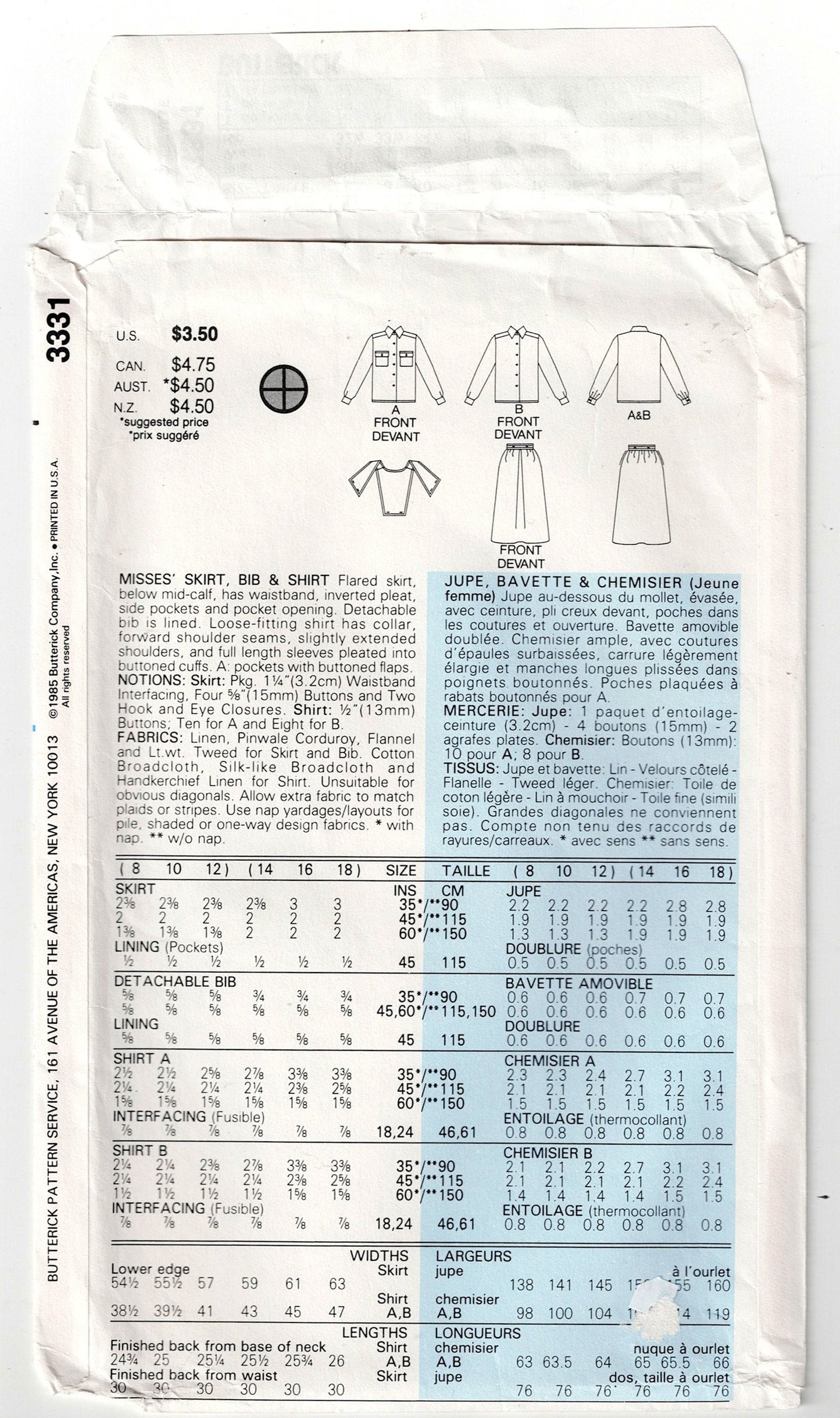 Butterick 3331 Womens Shirt & Bib / Skirt 1980s Vintage Sewing Pattern Size 8 - 12 UNCUT Factory Folded