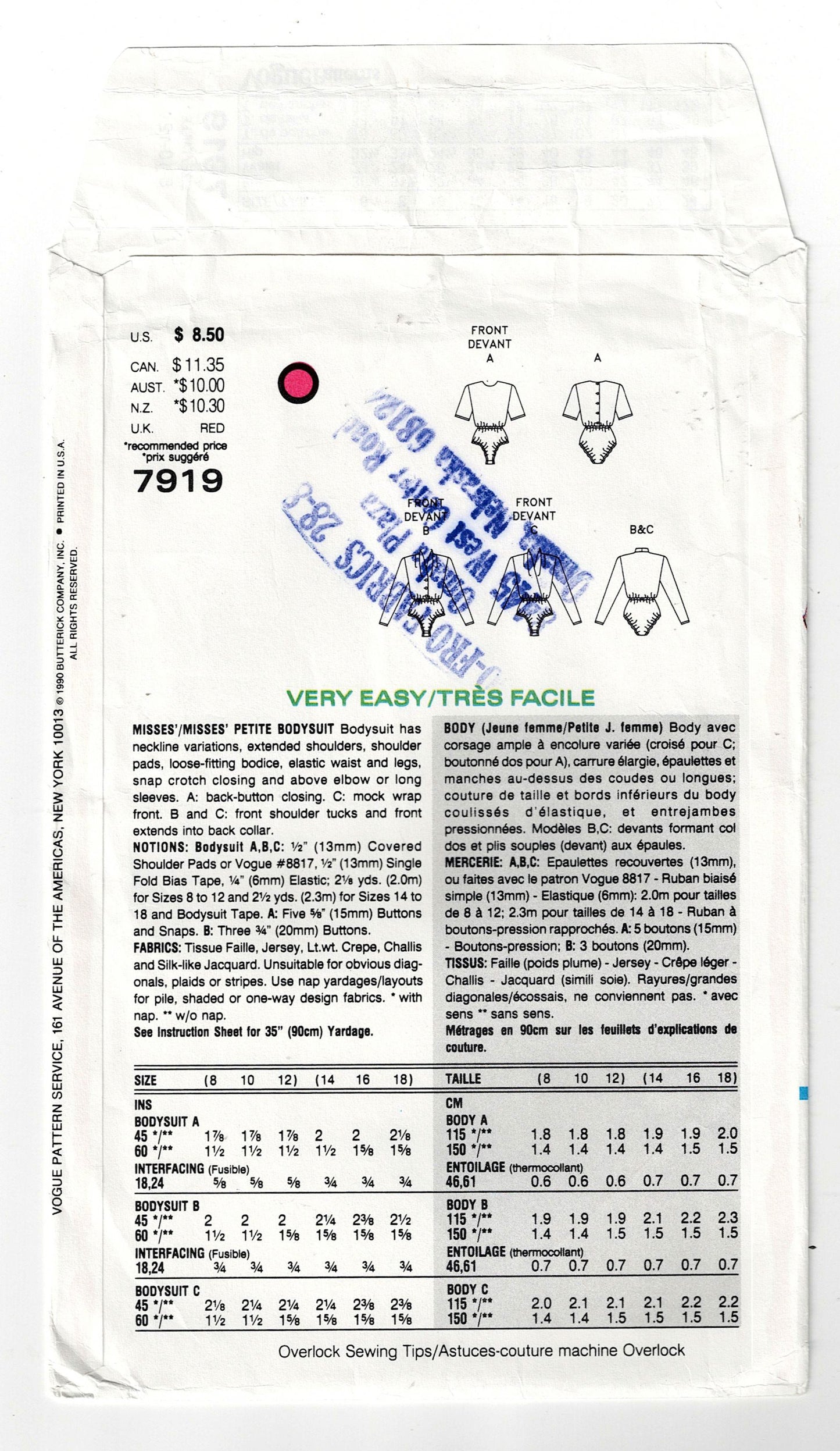 Very Easy Vogue 7919 Womens Bodysuit in 3 Styles 1990s Vintage Sewing Pattern Size 8 - 12 UNCUT Factory Folded