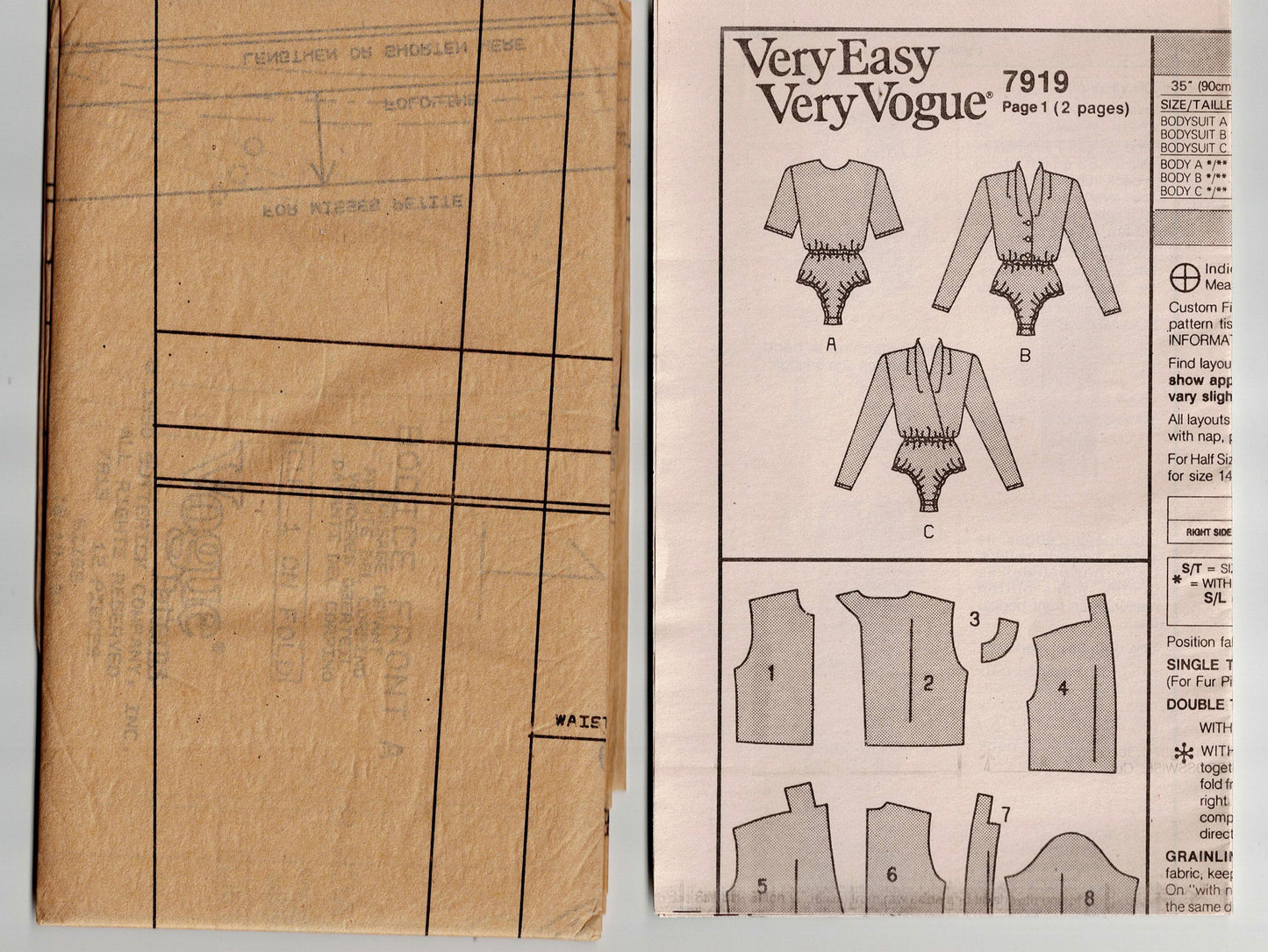 Very Easy Vogue 7919 Womens Bodysuit in 3 Styles 1990s Vintage Sewing Pattern Size 8 - 12 UNCUT Factory Folded