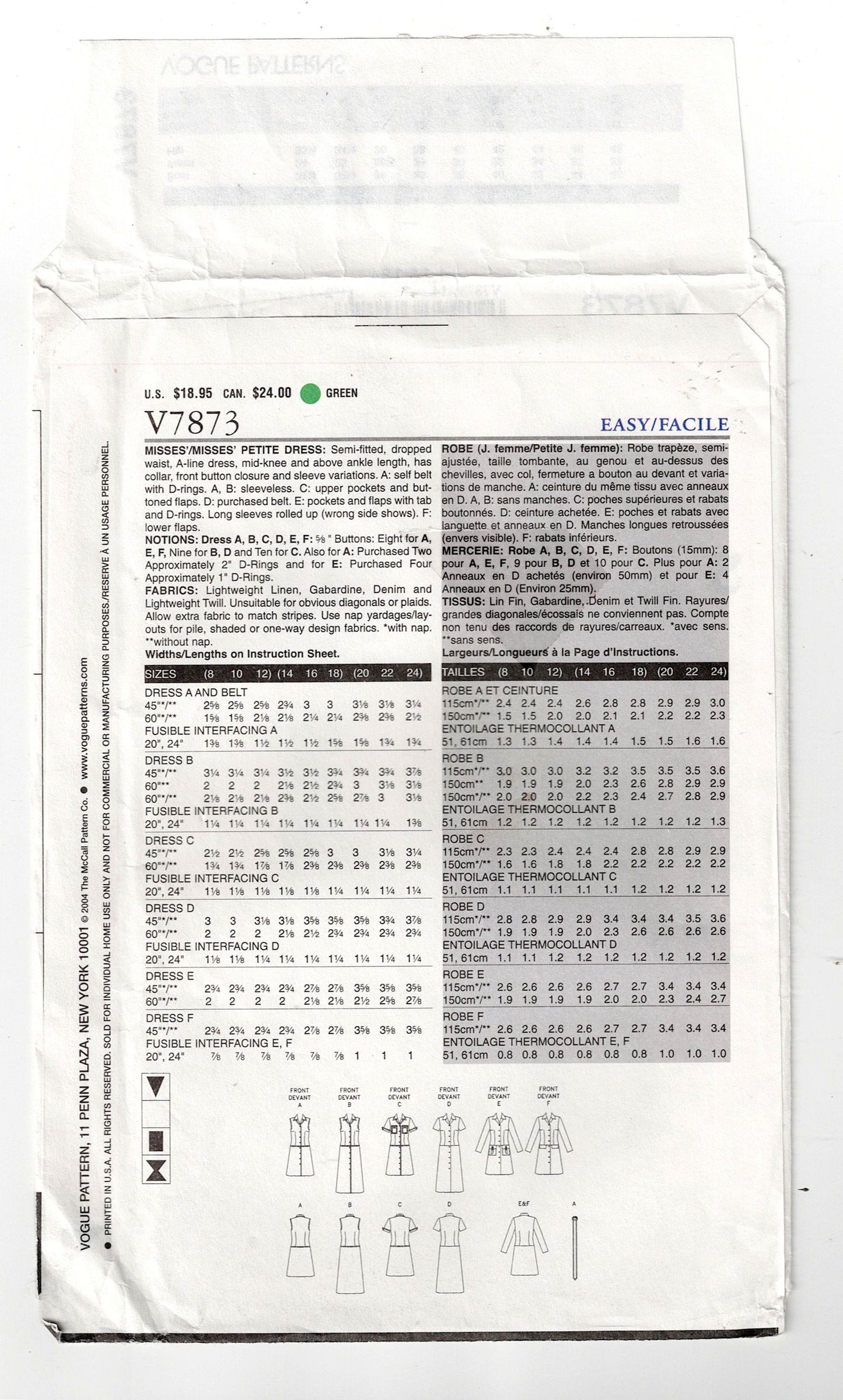 Vogue Easy Options 7873 Womens Drop Waisted A Line Shirtdress Out Of Print Sewing Pattern Size 14 - 18 UNCUT Factory Folded