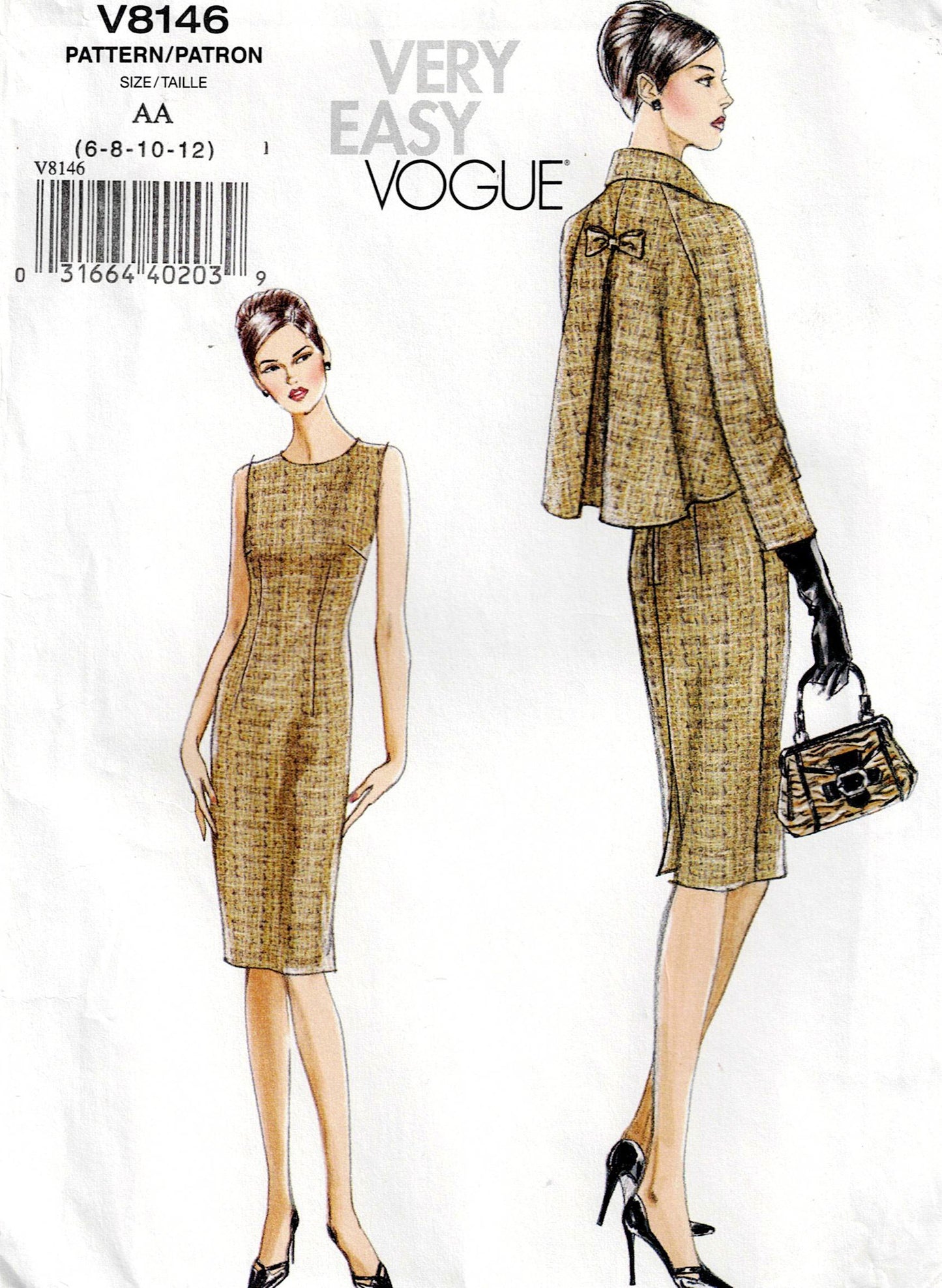 Vogue 8146 sewing pattern cover with a woman wearing a suit and dress.