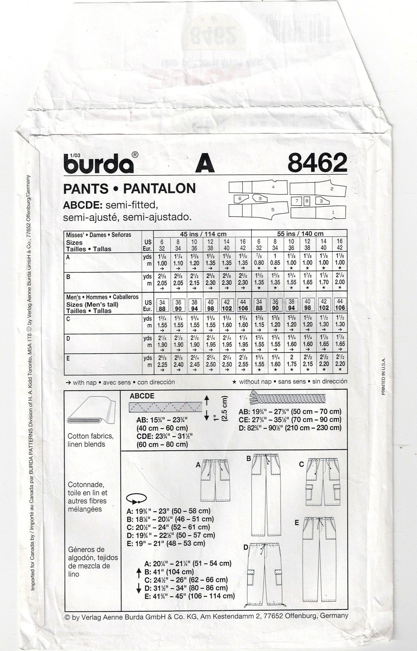 Burda 8462 UNISEX Cargo Pants & Shorts 1990s Vintage Sewing Pattern Sizes 6 - 16 UNCUT Factory Folded