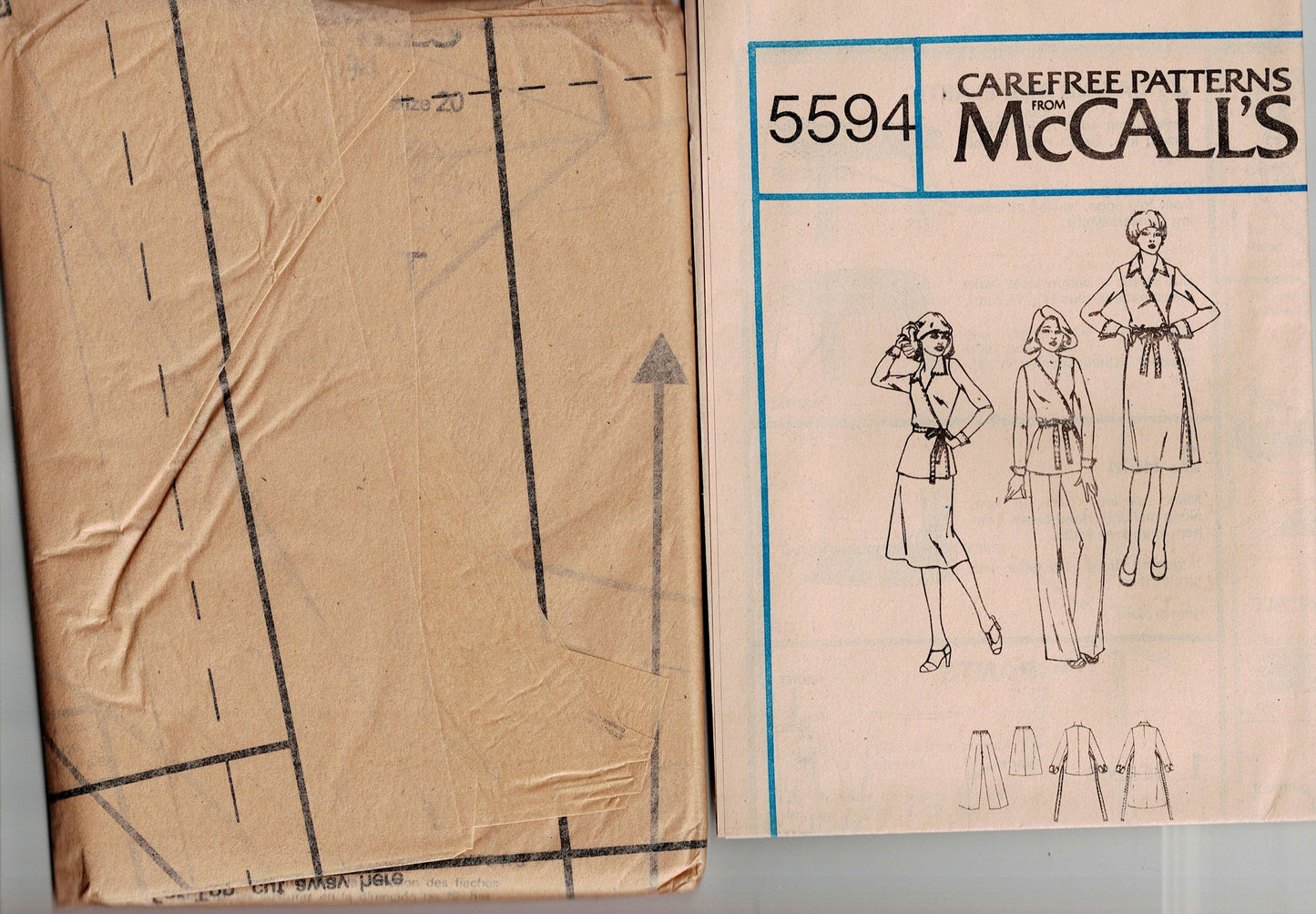 McCall's 5594 Womens Stretch Knit Wrap Top Dress Skirt & Pants 1970s Vintage Sewing Pattern Size 20 Bust 42 inches UNCUT Factory Folded