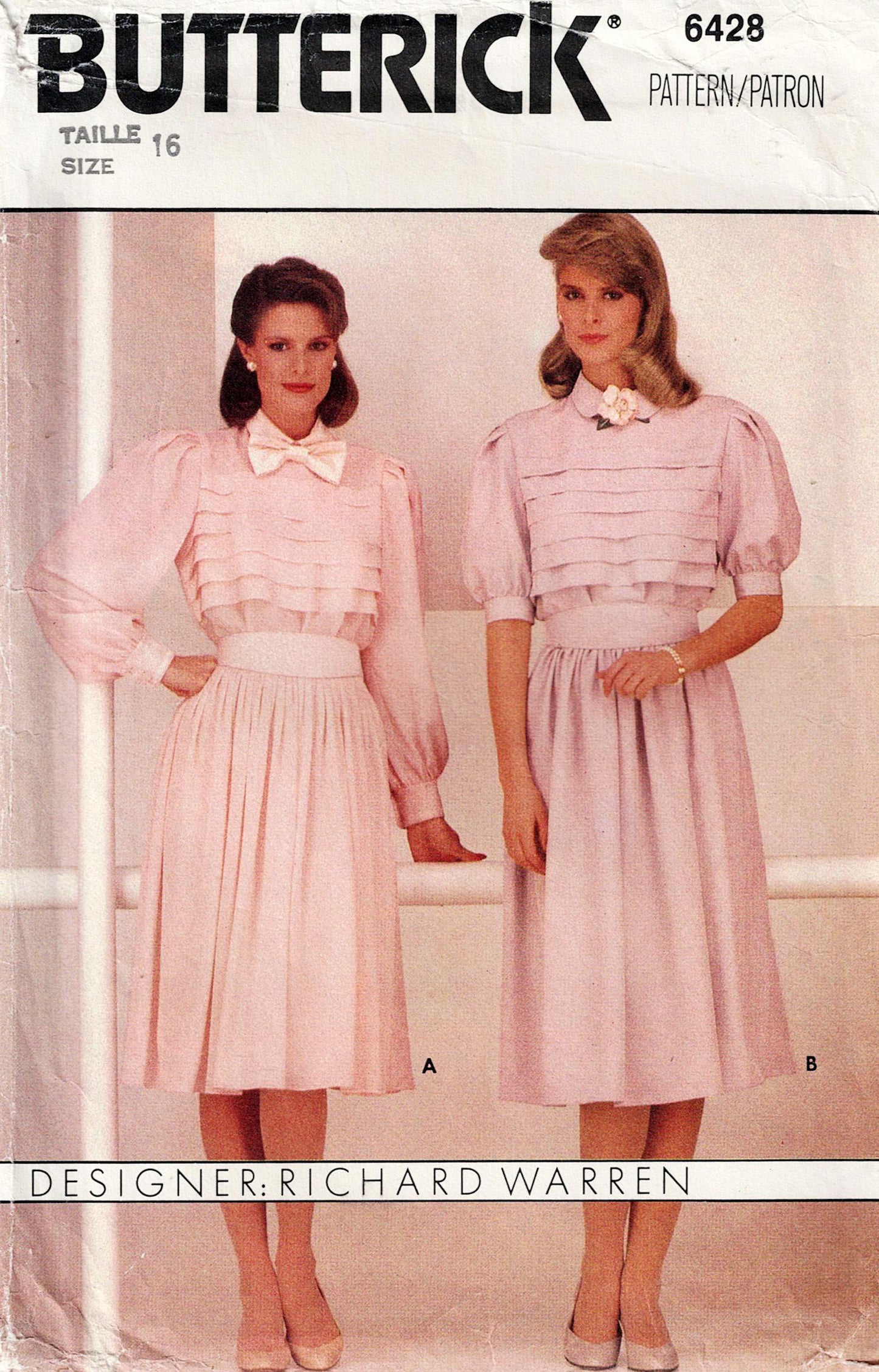Butterick 6428 for a dress with two different designs, featuring two models wearing the dress.