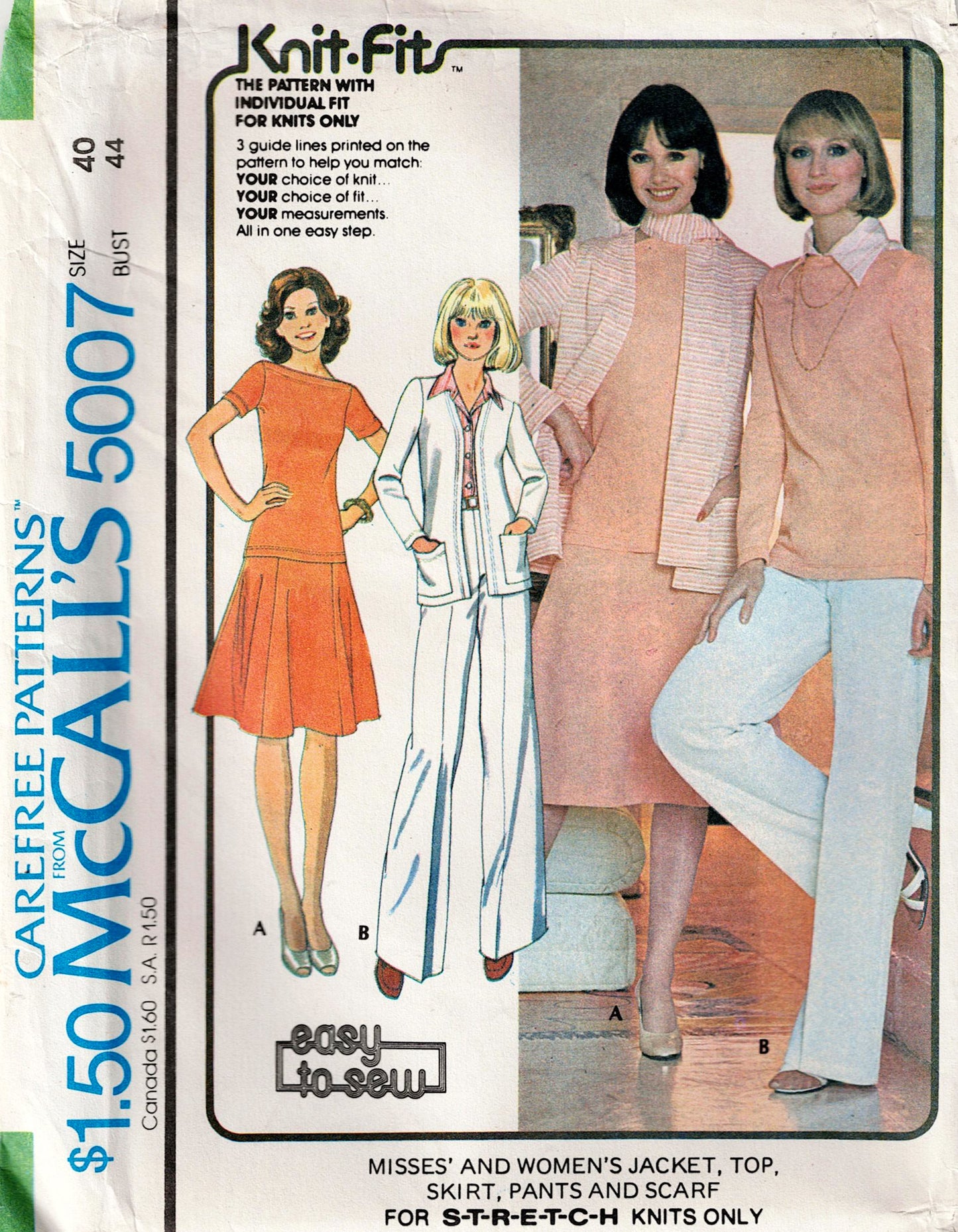 Vintage McCall's 5007 Knit-Fit pattern packaging with models wearing a jacket, top, skirt, pants, and scarf.