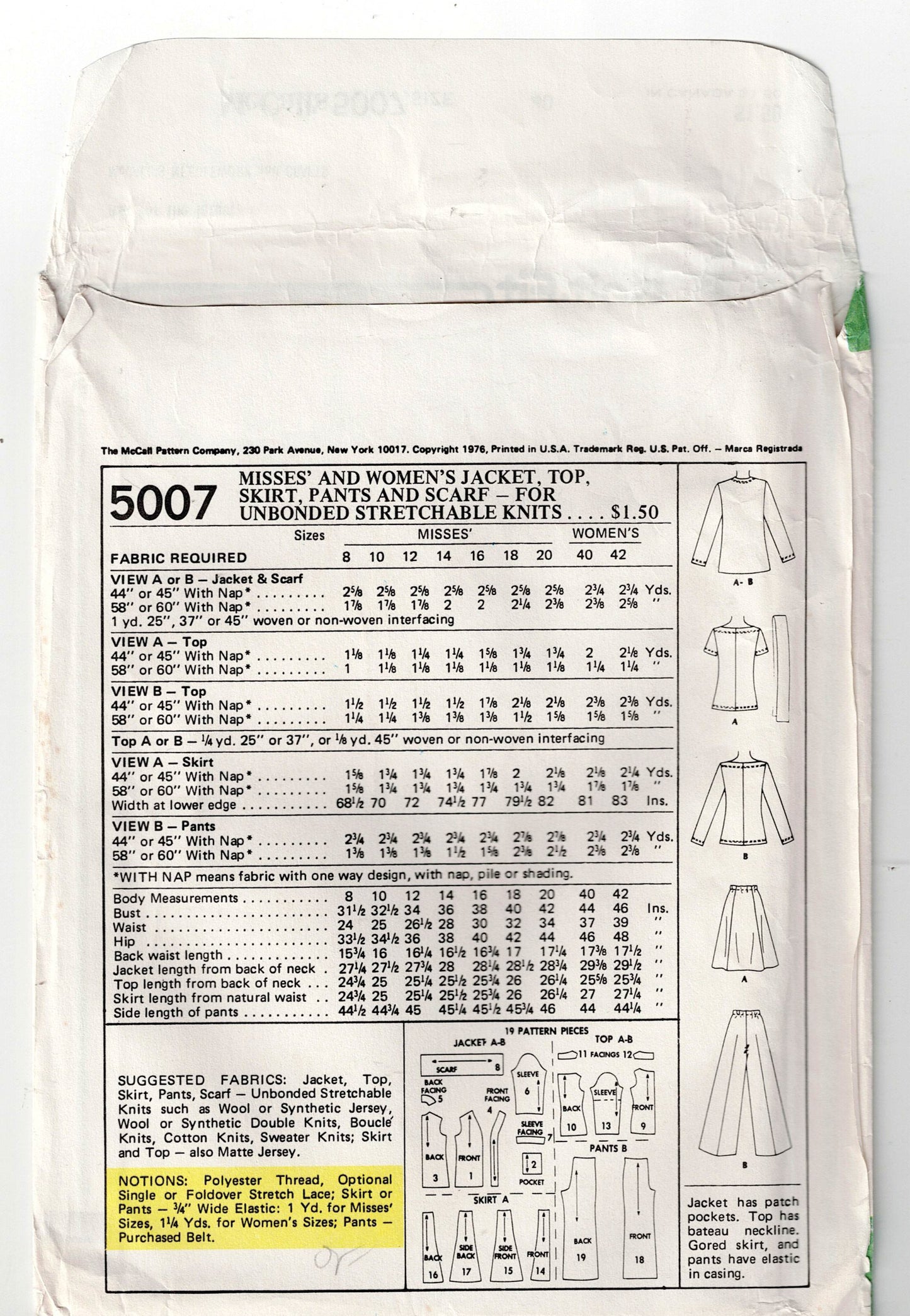 McCall's 5007 Womens Stretch Knit Separates 1970s Vintage Sewing Pattern Size 40 Bust 44 inches UNCUT Factory Folded
