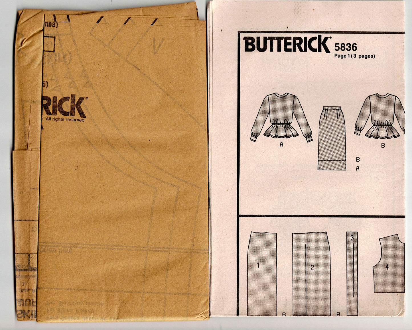 Butterick 5836 Womens Peplum Top & Skirt 1980s Vintage Sewing Pattern Size 12 - 16 UNCUT Factory Folded