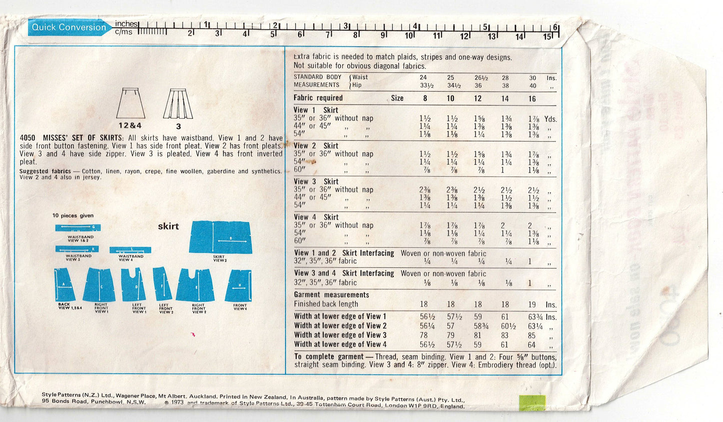 Style 4050 Womens A Line Skirts 1970s Vintage Sewing Pattern Size 10