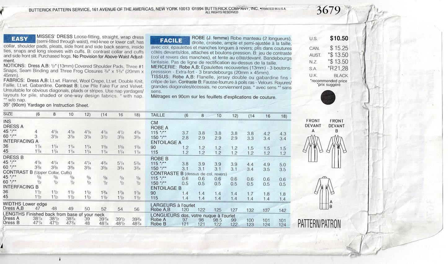 Butterick 3679 BEAU DAVID Womens Wrap Dress with Wide Cuffs 1990s Vintage Sewing Pattern Size 6 - 12 UNCUT Factory Folded