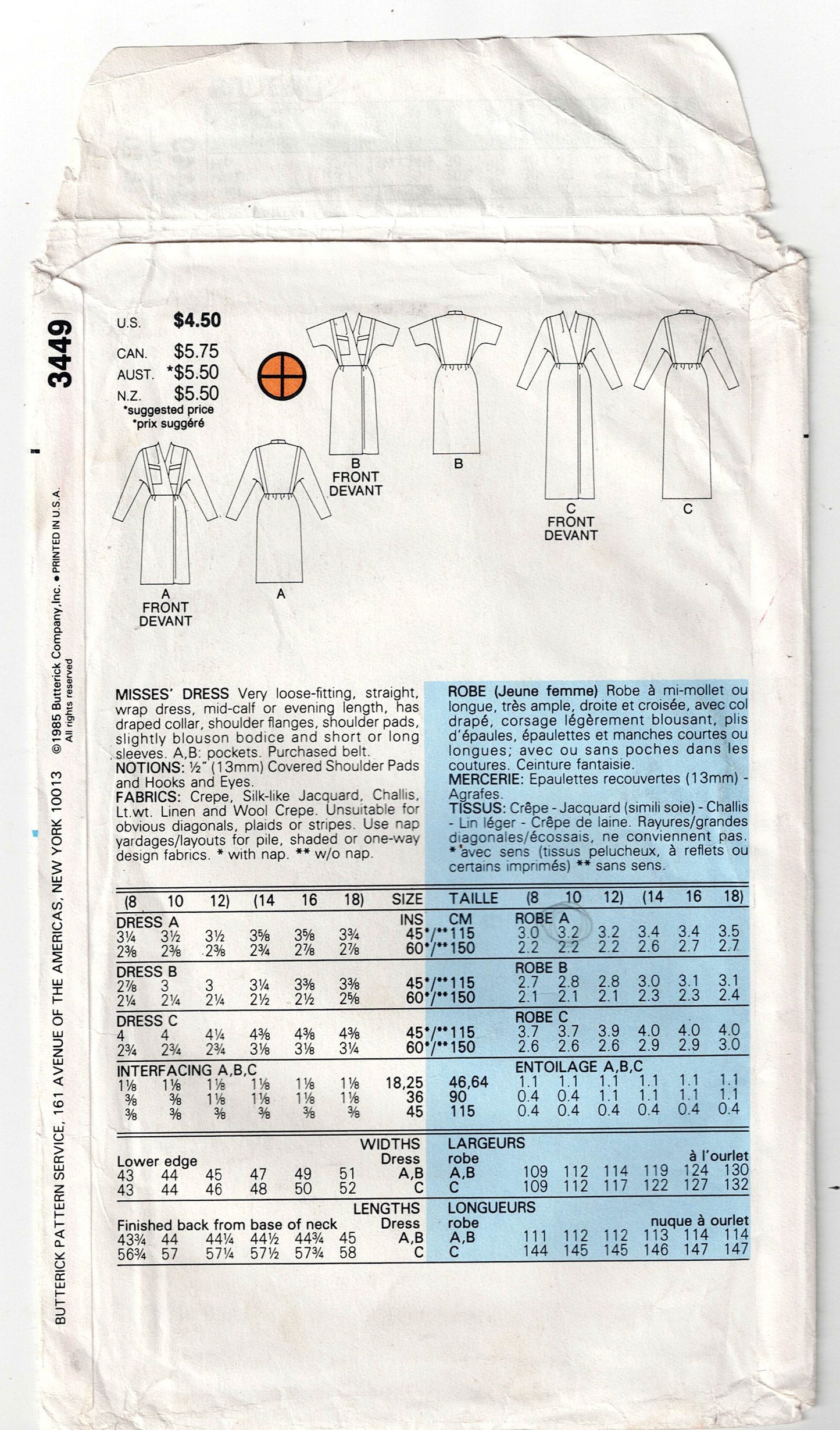 Butterick 3449 DAVID WARREN Womens Wrap Dress in Day or Evening Length 1980s Vintage Sewing Pattern Size 8 - 12 UNCUT Factory Folded