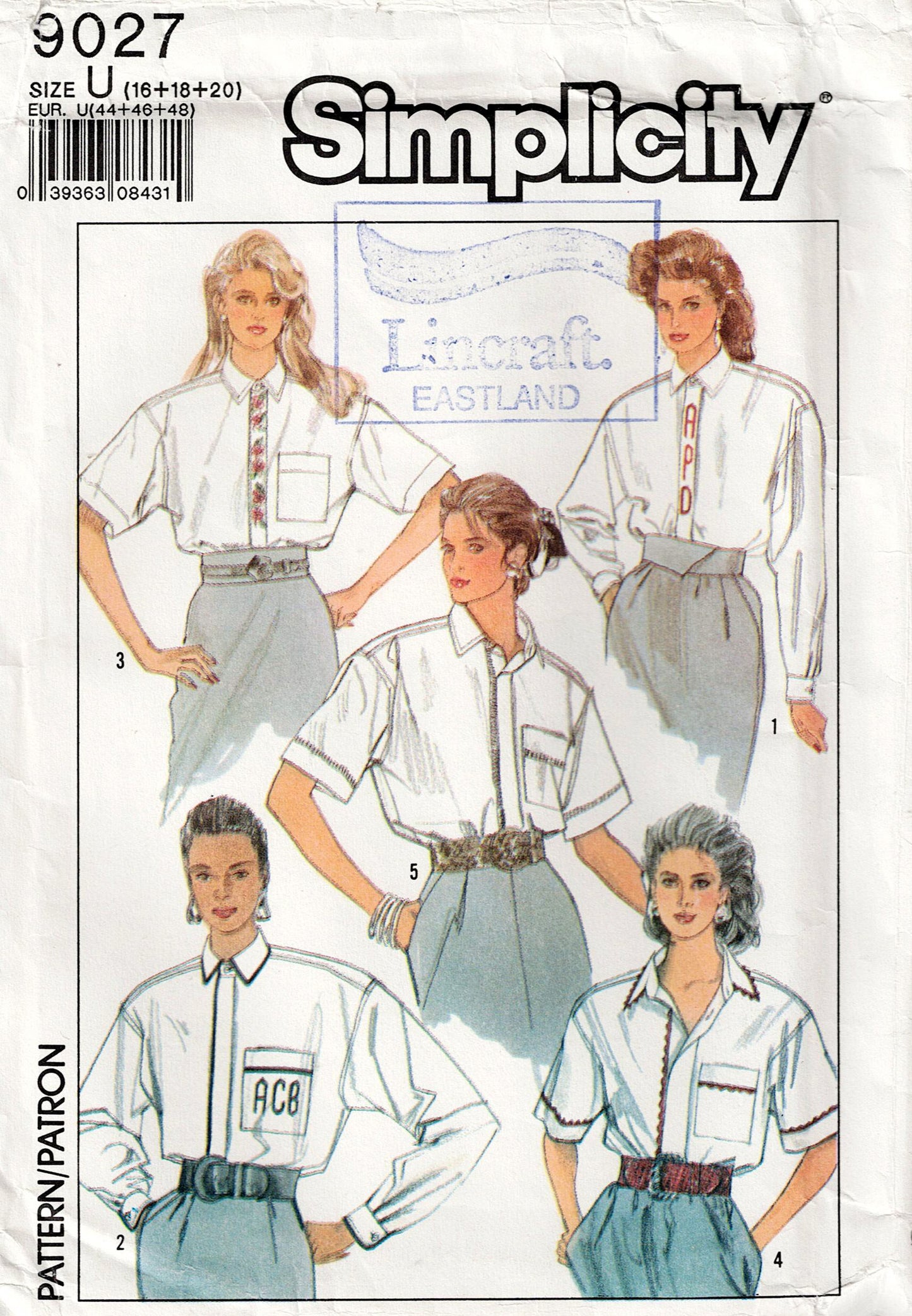 Simplicity 9027 Womens Shirts with Optional Monogram Trim 1980s Vintage Sewing Pattern Sizes 16 - 20 UNCUT Factory Folded