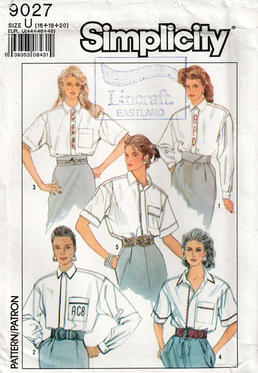 Simplicity 9027 Womens Shirts with Optional Monogram Trim 1980s Vintage Sewing Pattern Sizes 16 - 20 UNCUT Factory Folded
