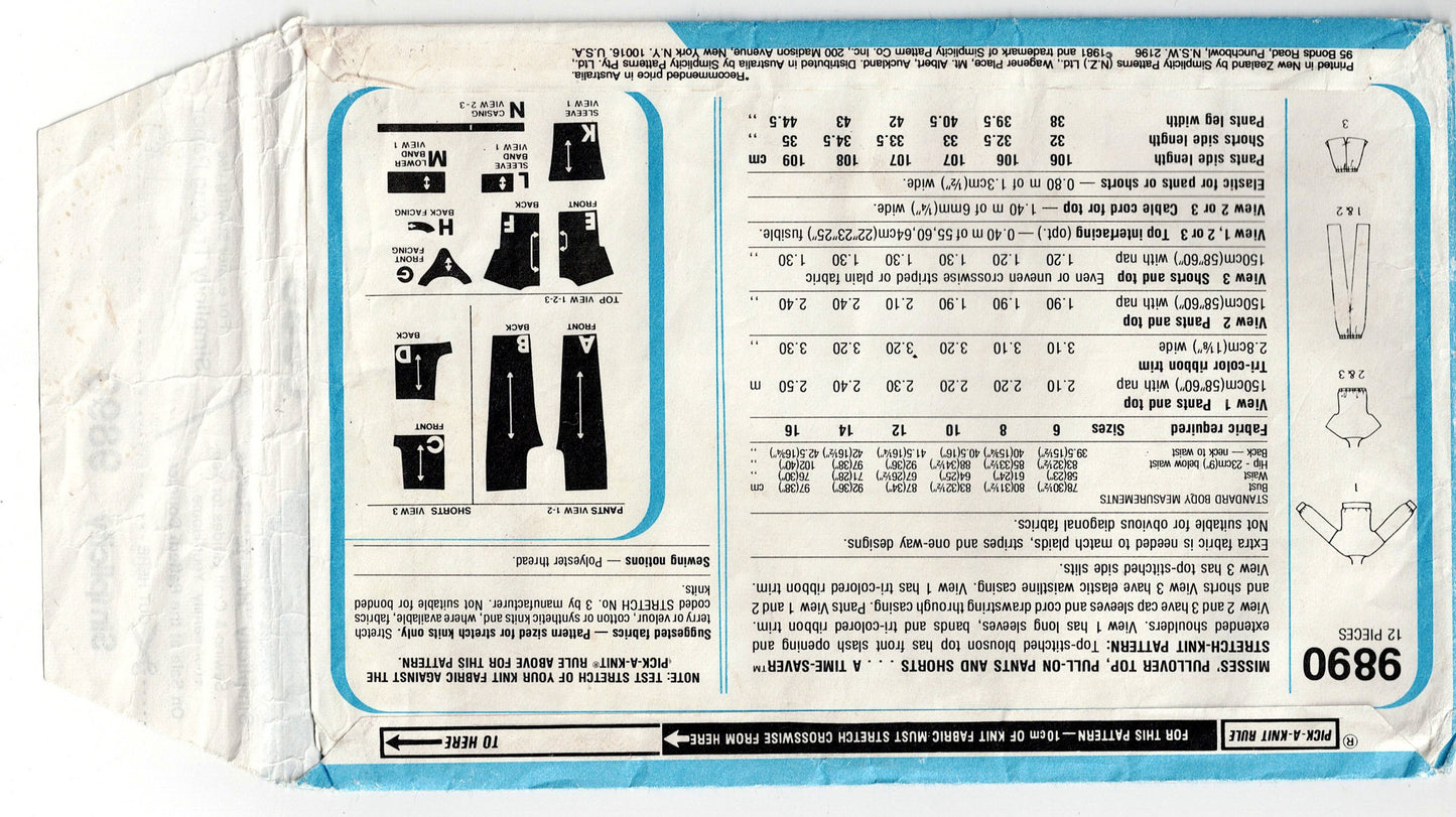 Patrón de costura vintage de los años 80 para chándal y pantalones cortos deportivos de terciopelo elástico Simplicity 9890 para mujer, tallas 10 y 12