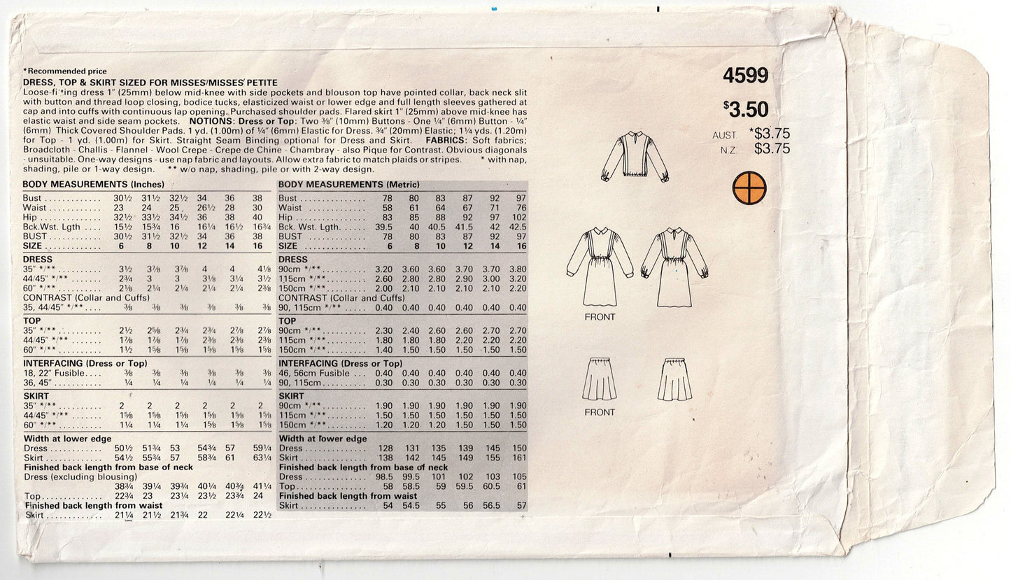 Butterick 4599 DOROTHY HAMILL Womens Shirtdress 1980s Vintage Sewing Pattern Size 10 Bust 32.5 Inches UNCUT Factory Folded
