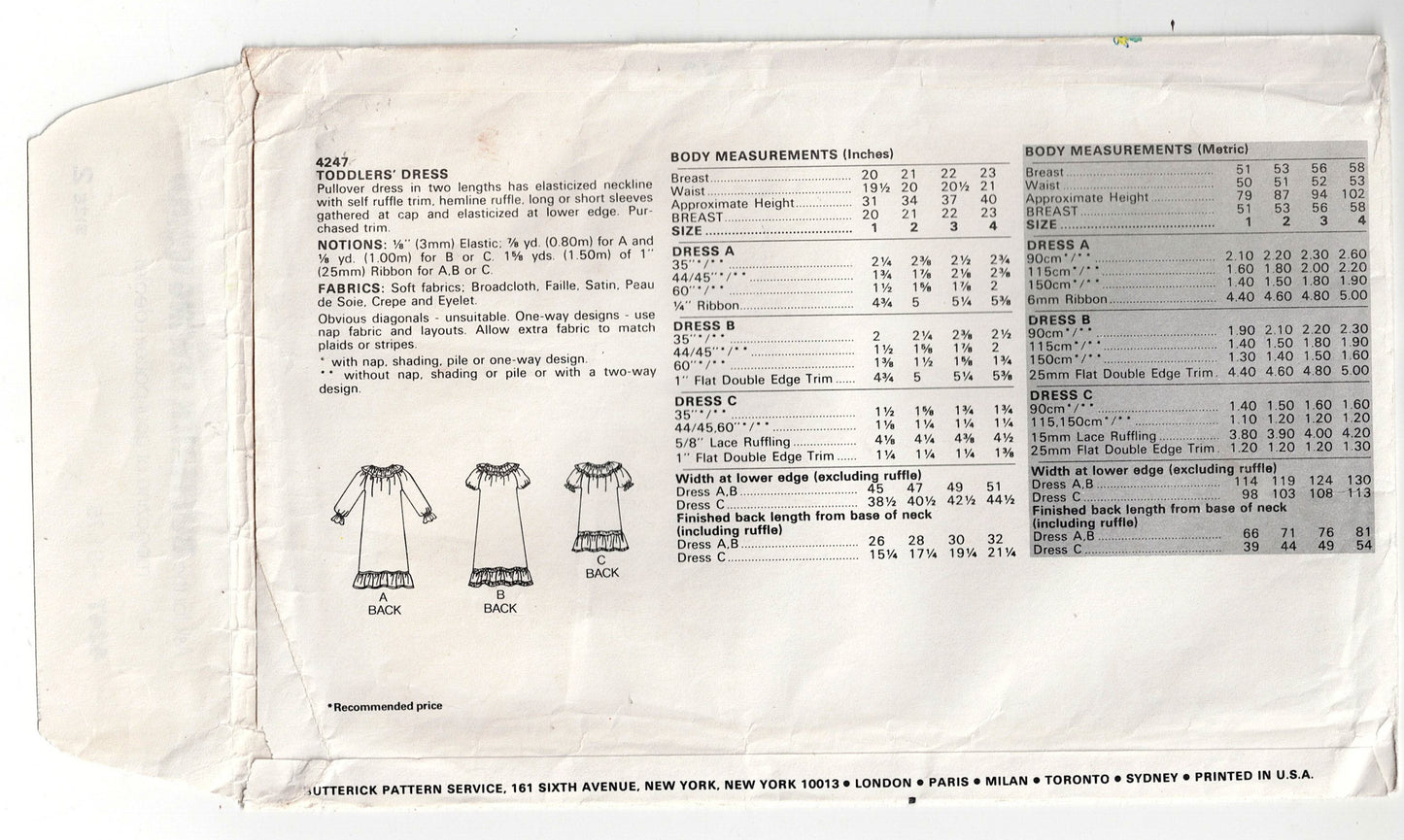 Butterick 4247 Toddler Girls High Waisted Ruffled Prairie Dress 1980s Vintage Sewing Pattern Size 2 UNCUT Factory Folded