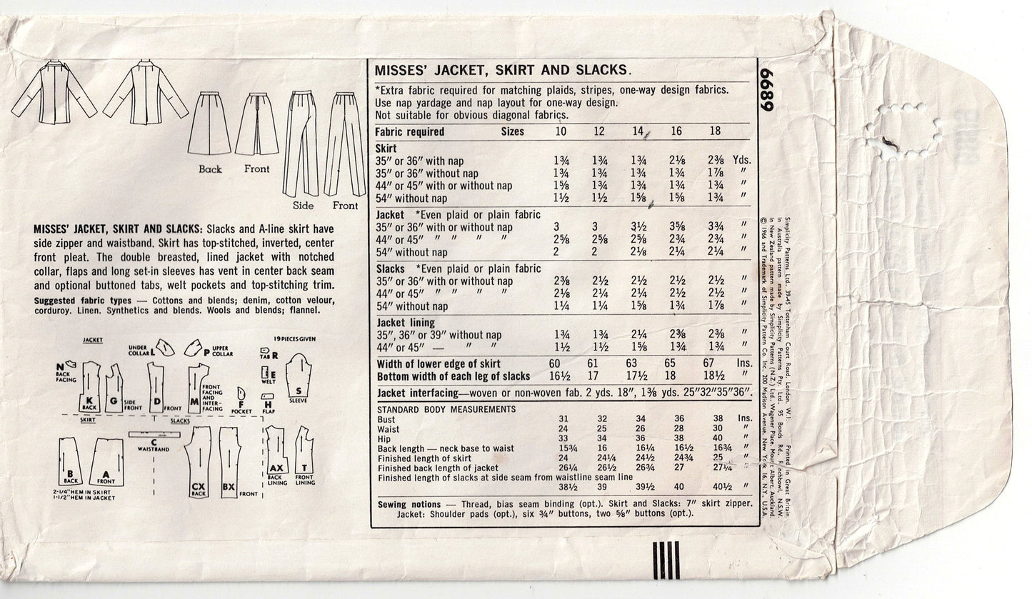 Simplicity 6689 Womens Jacket Skirt & Pants 1960s Vintage Sewing Pattern Size 14 Bust 34 inches