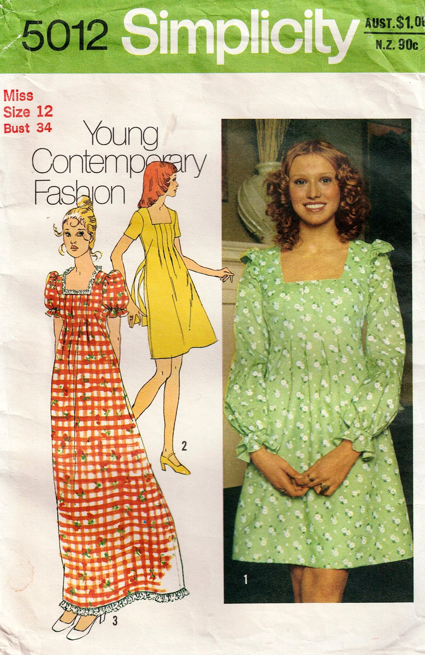 Simplicity 5012 vintage sewing pattern cover with two women wearing dresses and a model in a green dress.