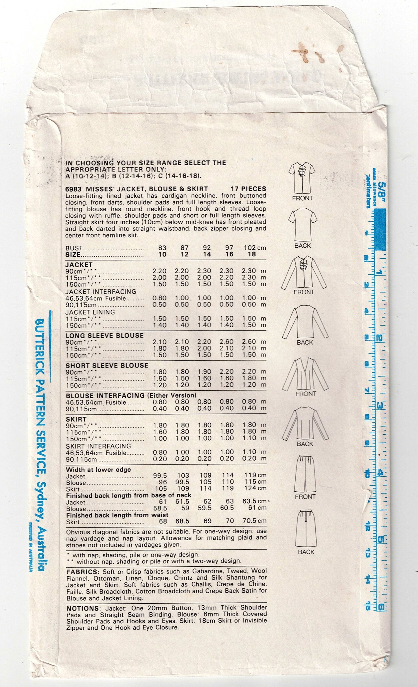 Butterick 6983 Womens Jacket Ruffled Blouse & Skirt 1980s Vintage Sewing Pattern Size 10 - 14 UNCUT Factory Folded