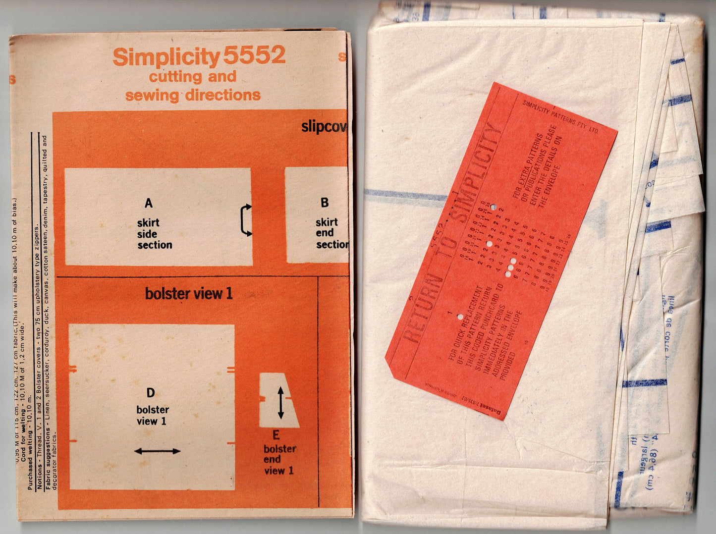 Simplicity 5552 Slipcovers for Couch or Day Bed 1970s Vintage Sewing Pattern UNCUT Factory Folded