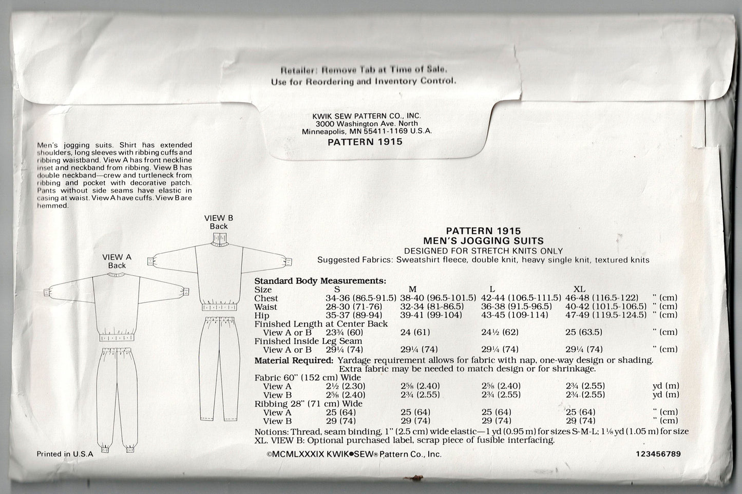 Patrón de costura vintage de los años 80 para chándal elástico retro Kwik Sew 1915 para hombre, talla S-XL, sin cortar, doblado de fábrica