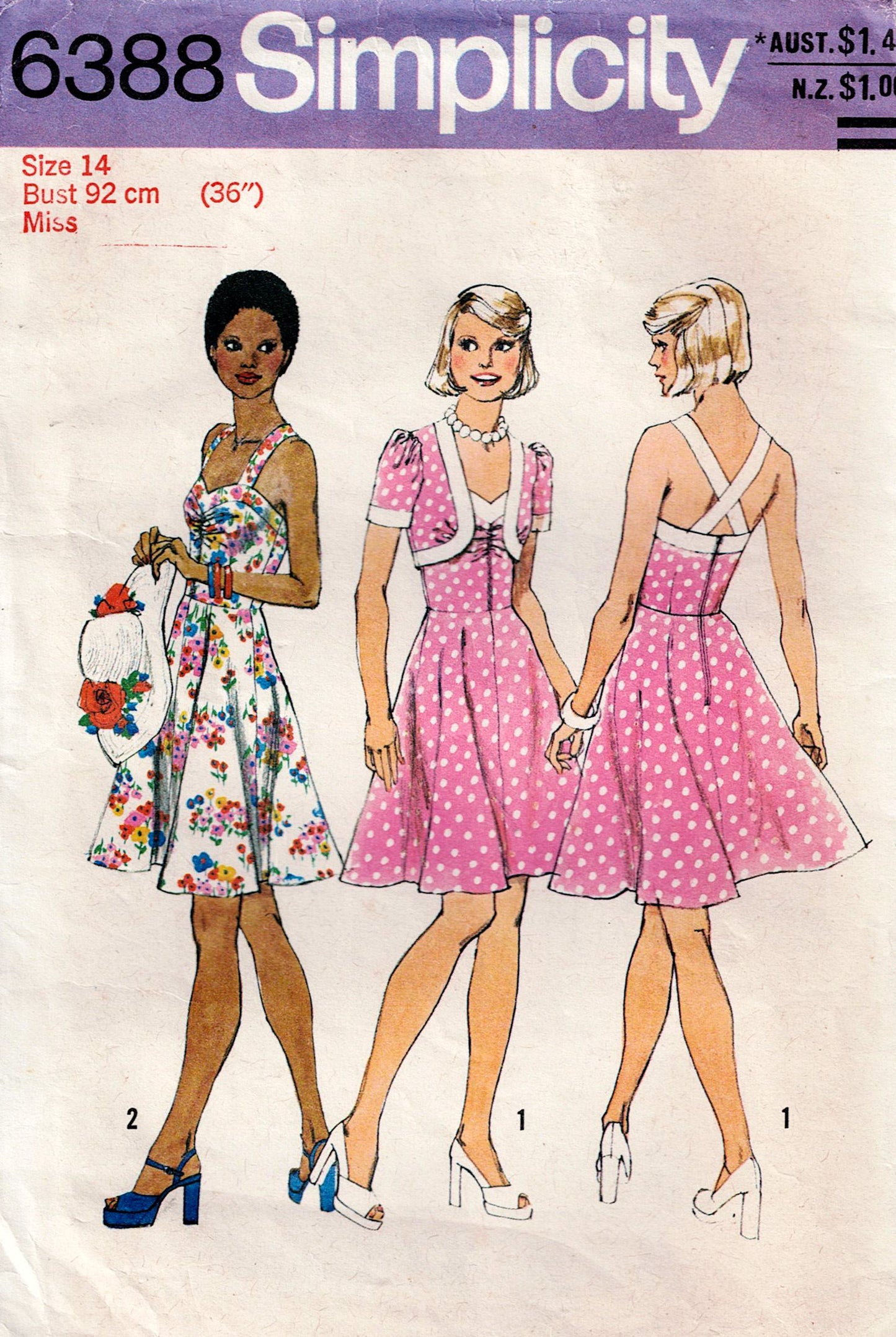 Patrón de costura vintage de los años 70 con escote fruncido y chaqueta para mujer Simplicity 6388, talla 12 o 14