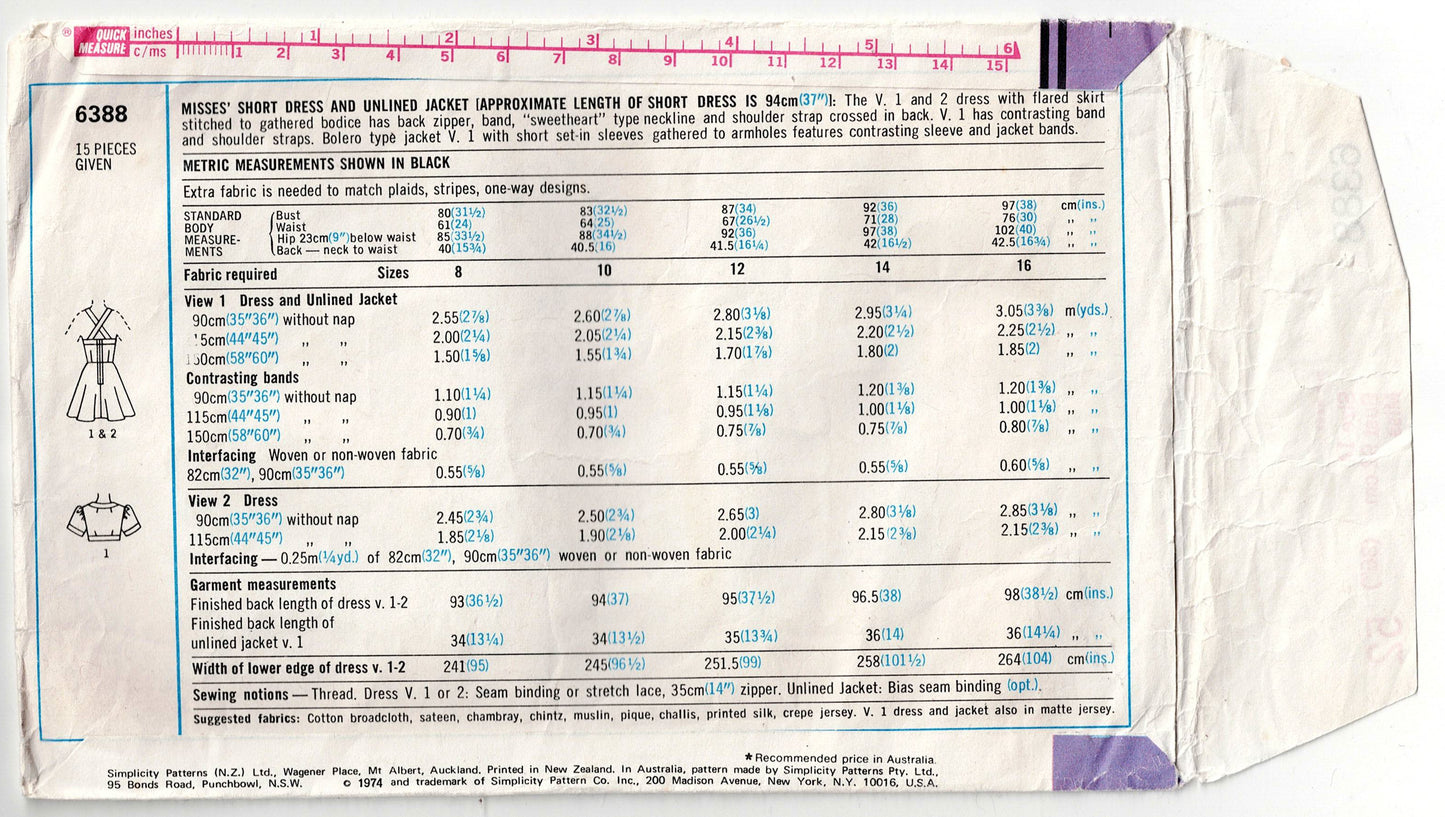 Patrón de costura vintage de los años 70 con escote fruncido y chaqueta para mujer Simplicity 6388, talla 12 o 14