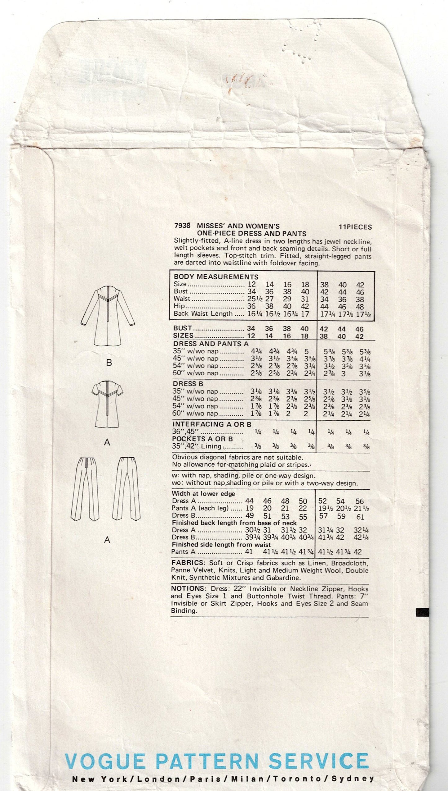 Vogue 7938 Womens Yoked Topstitched Dress Tunic & Pants 1970s Vintage Sewing Pattern Size 16 Bust 38 inches
