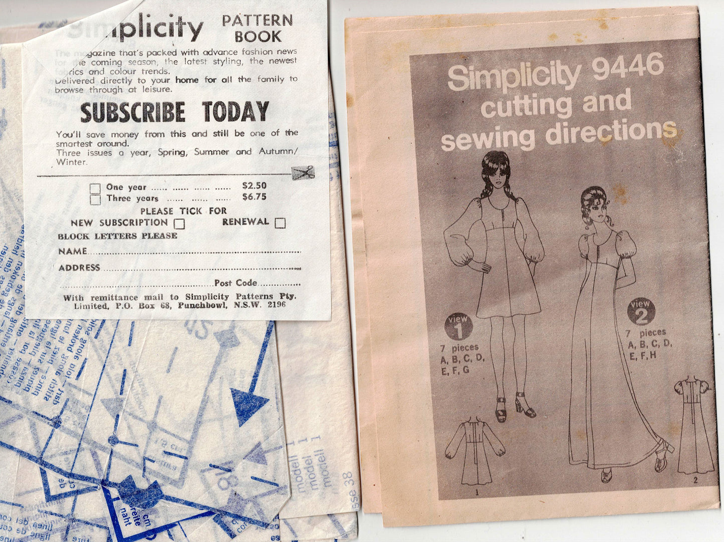 Simplicity 9446 Womens High Waisted Puff Sleeved Dresses 1970s Vintage Sewing Pattern Size 12 Bust 34 Inches